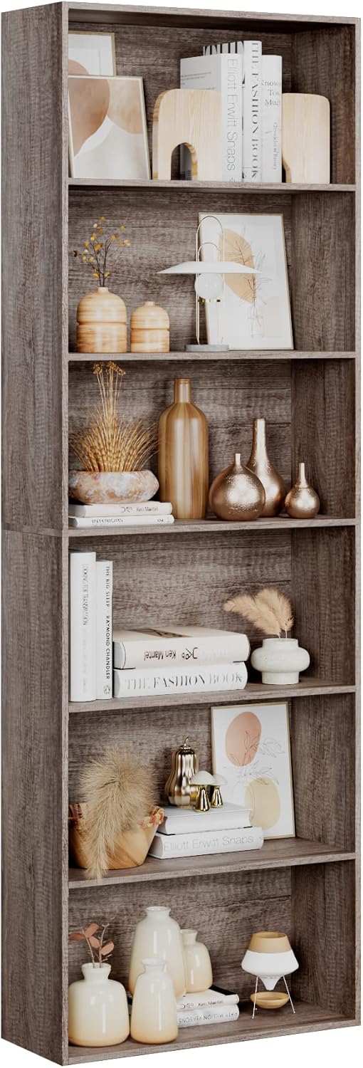 FOTOSOK 6-Tier Open Bookcase and Bookshelf, Freestanding Display Storage Shelves Tall Bookcase for Bedroom, Living Room and Office, Oak