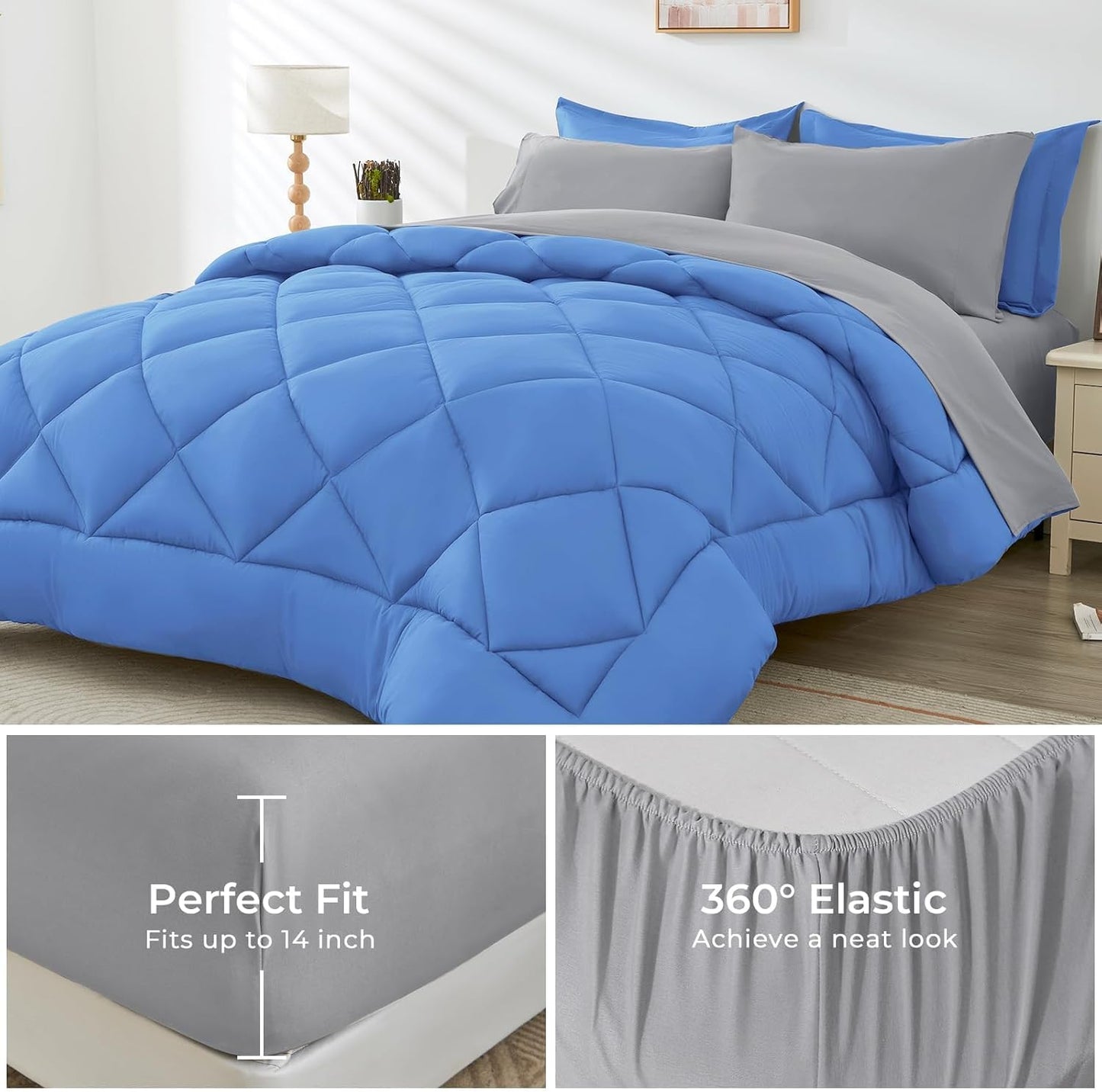 HEVUMYI Royal Blue & Light Grey Full Comforter Set - 7-Piece All Season Bed in a Bag Full, Ultra Soft Bedding Set with Comforter, Flat Sheet, Fitted Sheet, Pillowcases, Pillow Shams, Royal Blue