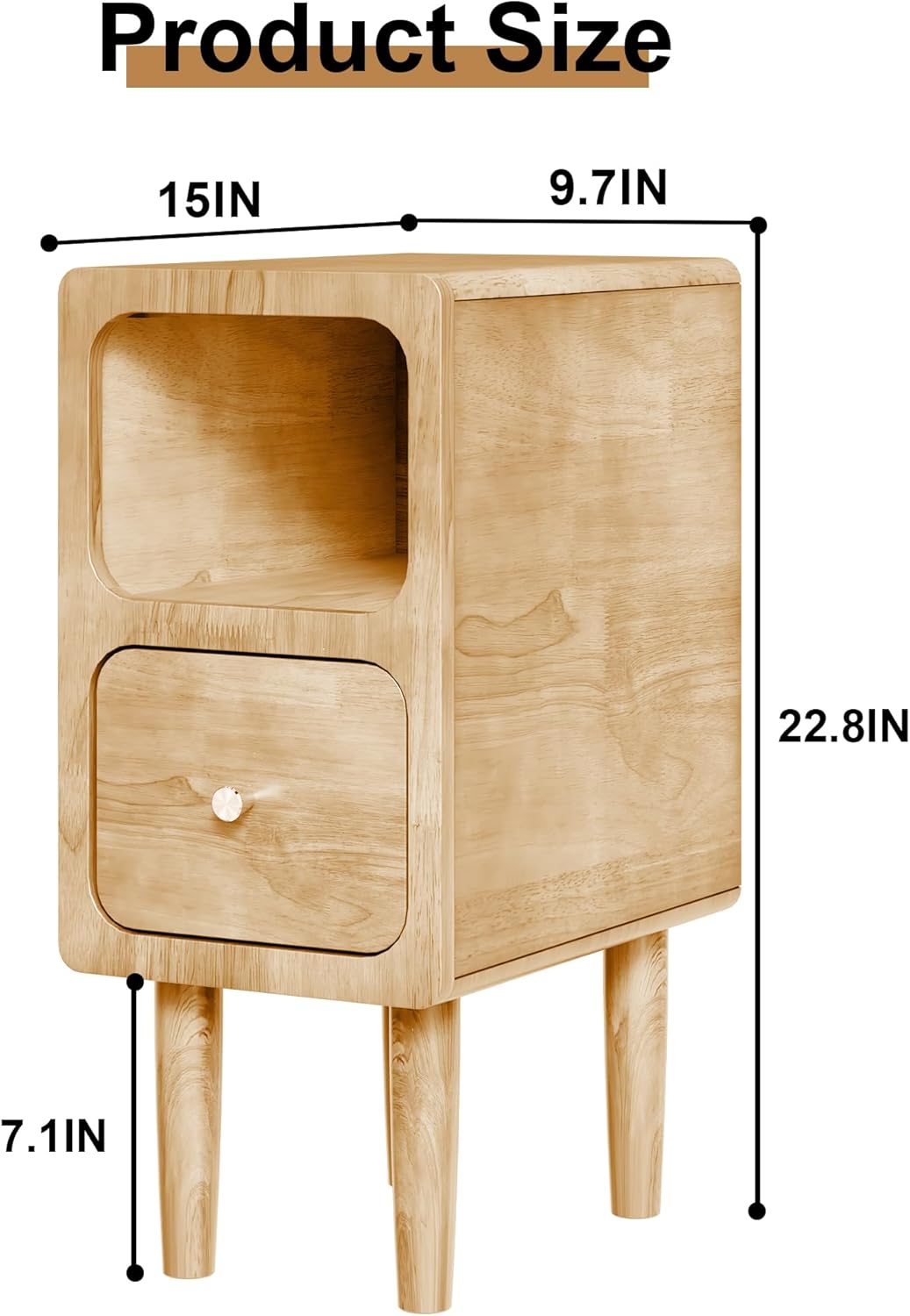 Narrow Nightstand, Solid Wood Night Stand with Drawers, Natural Mid Century Modern Nightstand, Small Beside Table with Open Storage Shelf for Bedroom (10 inch)