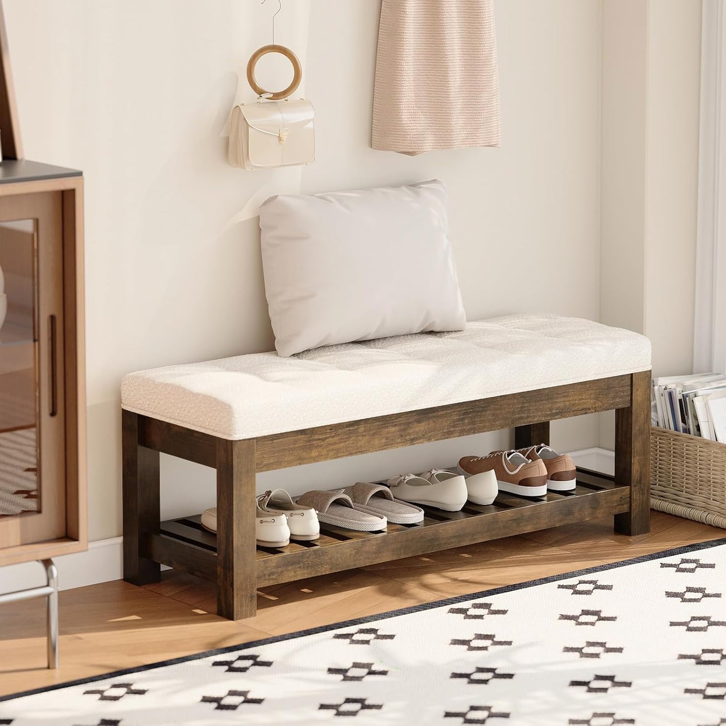 Large Upholstered Ottoman Bench Entryway Storage Benches Tufted Linen Ottoman Bench with Solid Wood Shelf Padded End of Bed Bench for Bedroom Living Room Hallway Decor