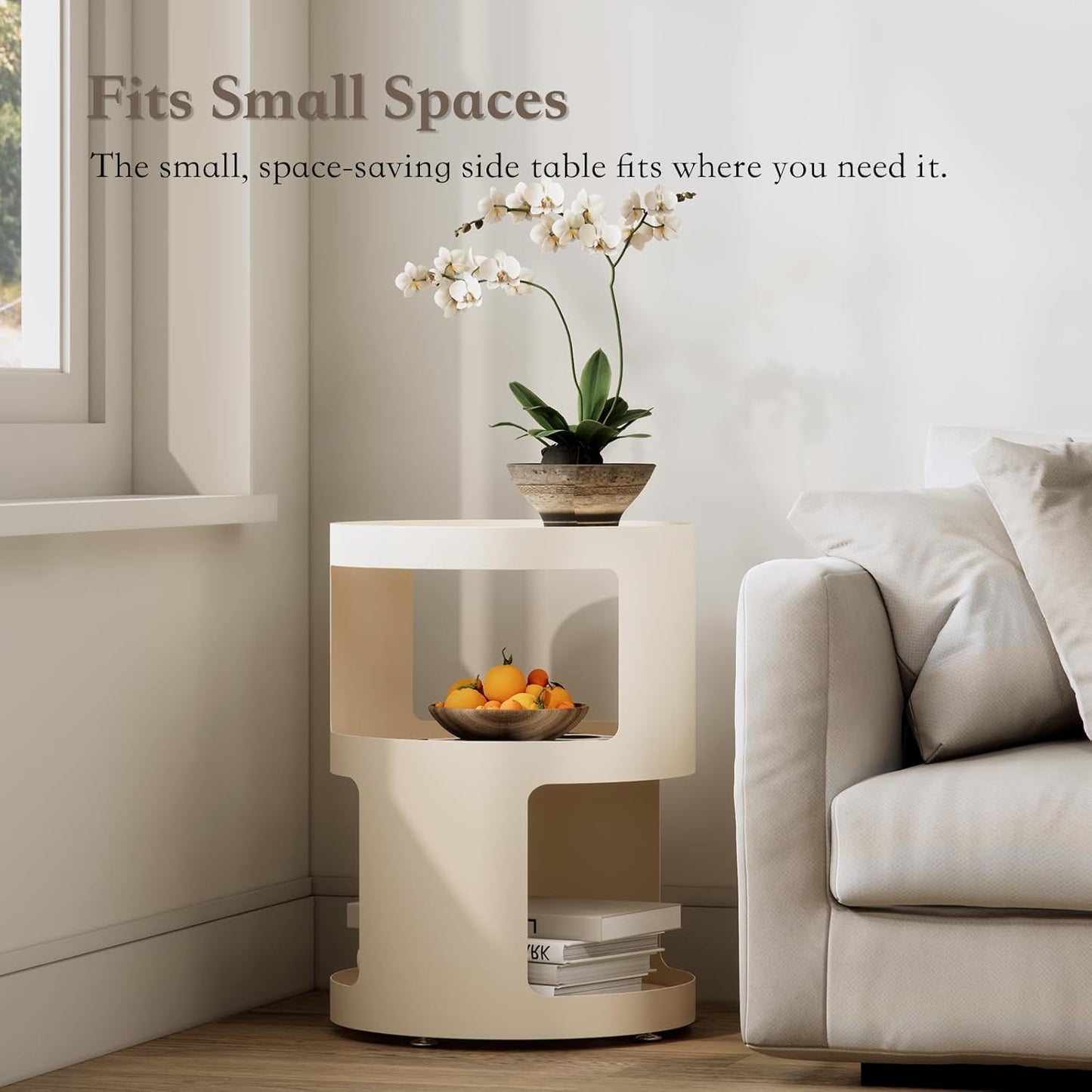 XIV Side Table, Round End Table, Modern Nightstand, Metal Accent Table, Small Bed Side Table for Living Room Bedroom, Bedside Table, Night Stand, No Assembly Required (Off White, Round)