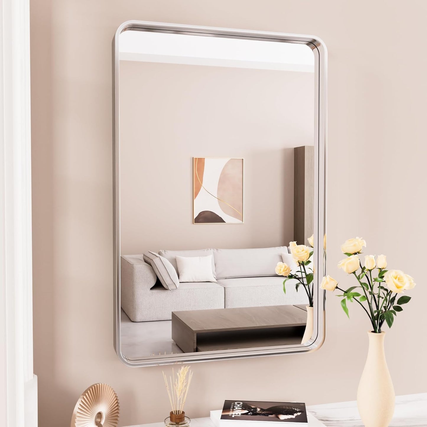 22x30 Inch Brushed Nickel Bathroom Mirror, Thick Silver Metal Rectangle Frame Wall Mirror, Modern Round Corner Bathroom Vanity Mirror for Over Sink, Bedroom, Living Room, Entryway