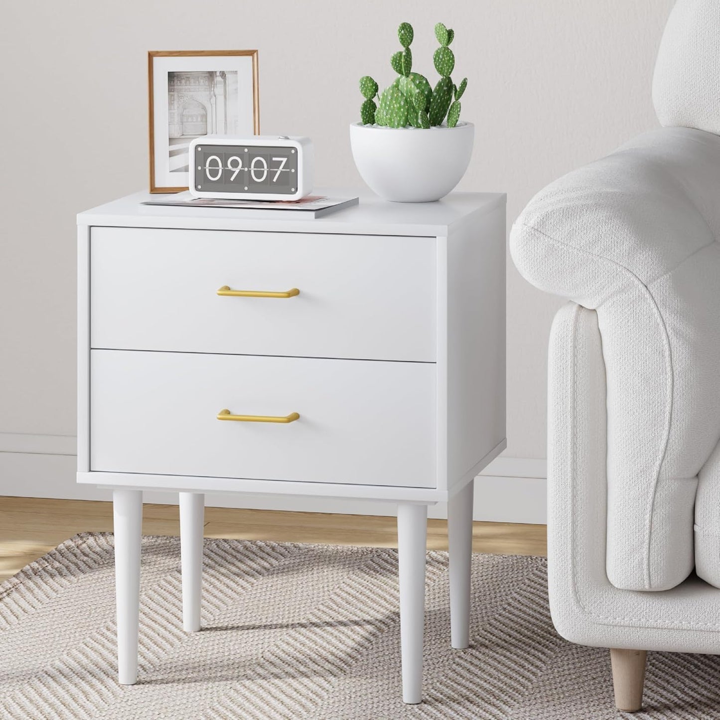 Set of 2 White Nightstand with 2 Drawers,Tall Night Stand with Gold Handles, Bedside Table with Solid Wood Legs, Nightstands for Bedroom