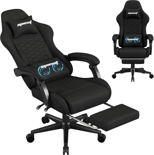 Gaming Chair, Computer Chairs for Adults with Lumbar Support and Massager, Comfortable Gamer Chair with Footrest & Pocket Spring Cushion, Ergonomic Home Office Chair, Black, Fabric