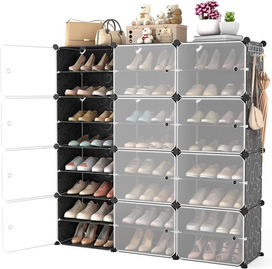 Portable Shoe Rack Organizer with Door, 48 Pairs Shoe Storage Cabinet Easy Assembly, Plastic Adjustable Shoe Organizer Stackable Detachable Free Standing Shoe Rack DIY Expandable 8 Tier Black