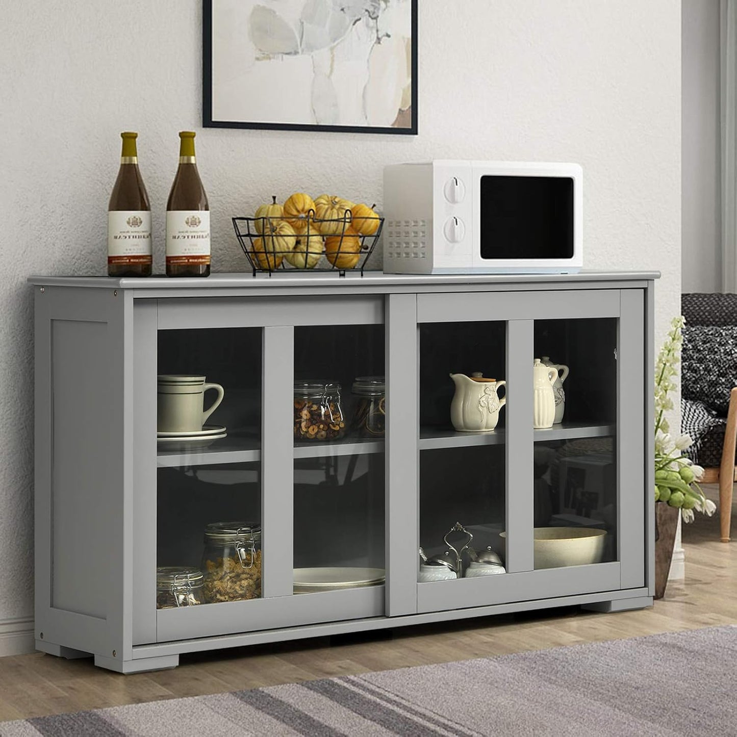 Costzon Sideboard Buffet Cabinet, Wooden Kitchen Storage Cabinet with Adjustable Shelf, Sliding Glass Doors, Accent Coffee Bar Cabinet Console Table for Living Room, Dining Room, Hallway (Grey)