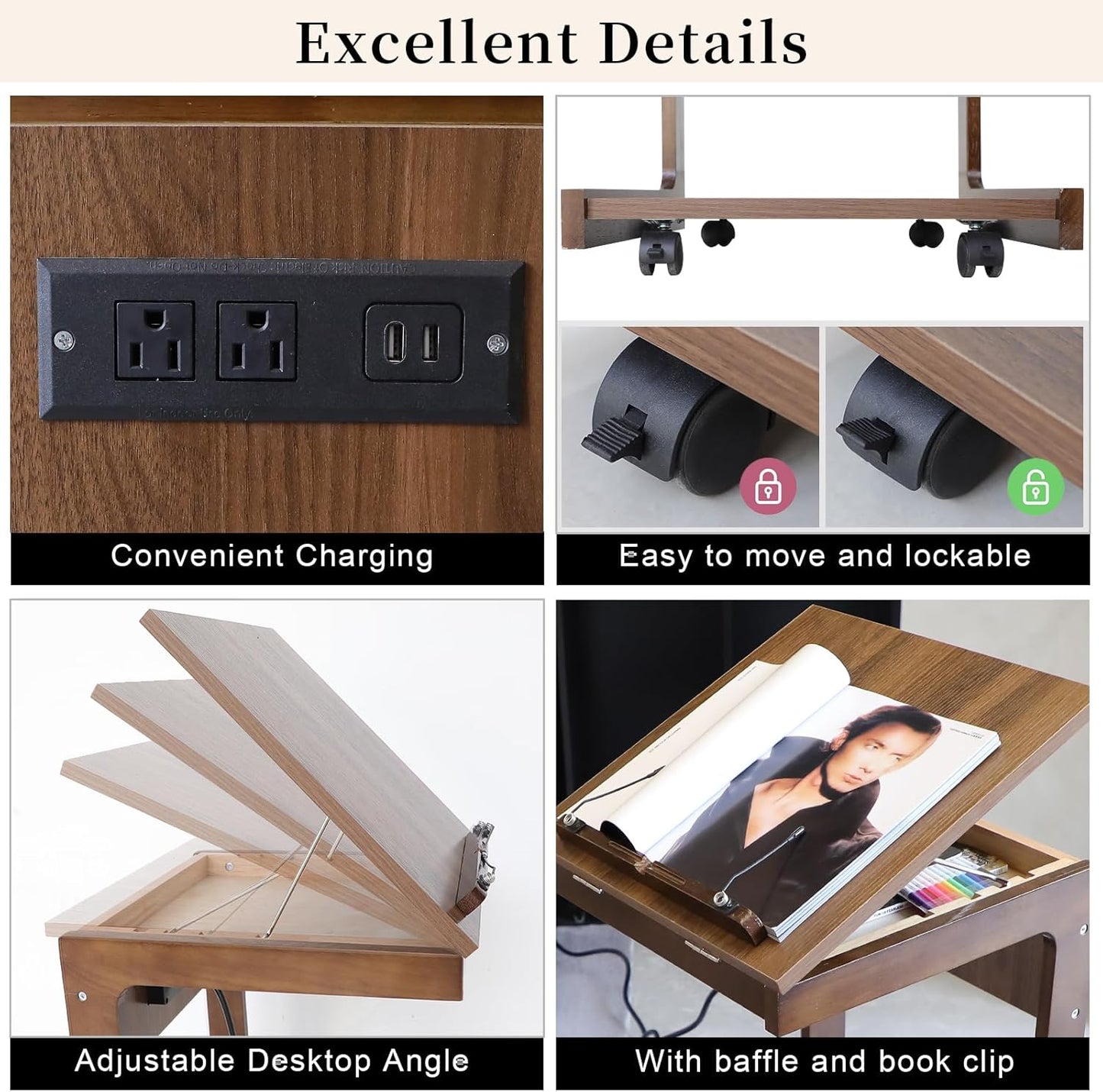 C Shaped End Table with Charging Station, Small Side Table for Couch, C Table with Wheels and Adjustable Desktop, Wooden Couch Table for Living Room, Bedroom (Brown)