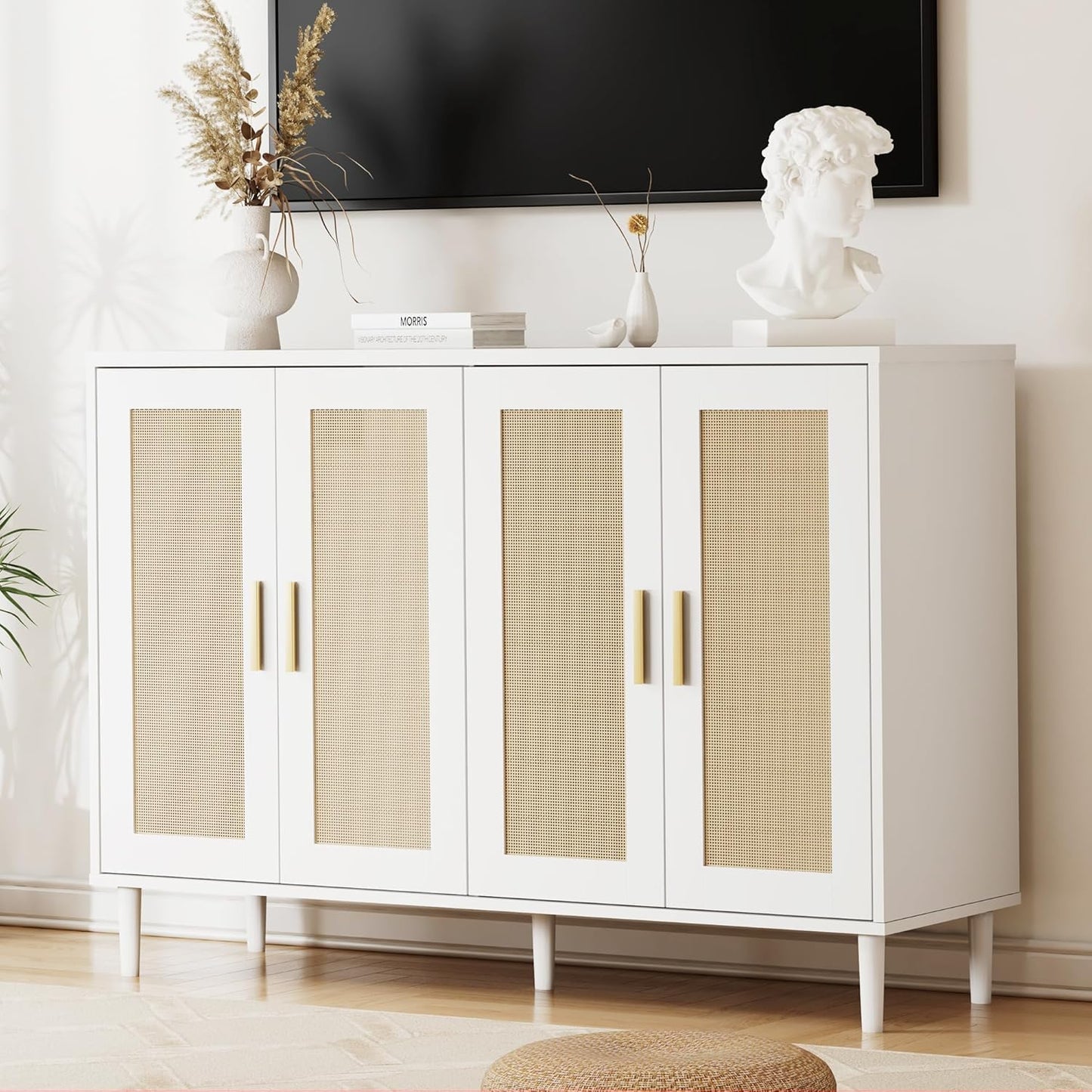 Sideboard - Buffet Cabinet with Storage, Rattan Storage Cabinet with 4 Doors and Adjustable Shelves, Accent Sideboard with Solid Wood Leg for Living Room (White)