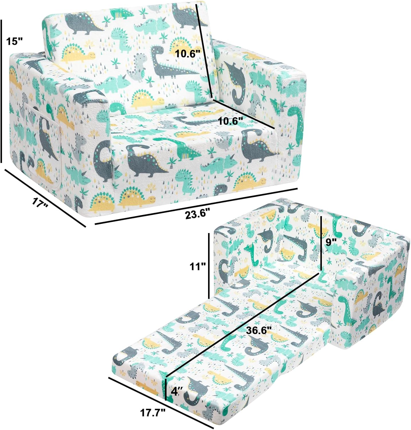 ALIMORDEN 2-in-1 Flip Out Cuddly Sherpa Toddler Couch, Convertible Sofa to Lounger, Dinosaur