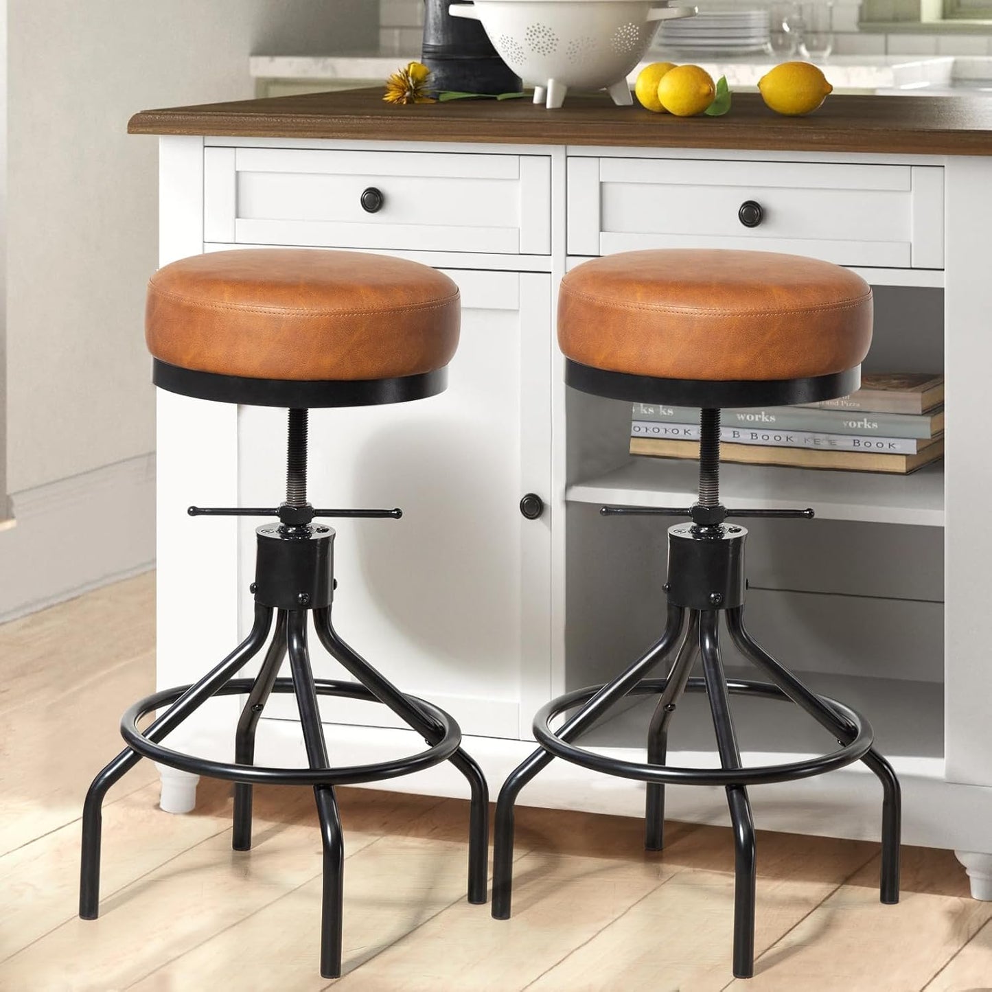 Industrial Bar Stools Adjustable Swivel Round Barstools Modern PU Leather 28inch Backless Counter Height Stool Metal Bar Chair for Kitchen Island (1, Brown)