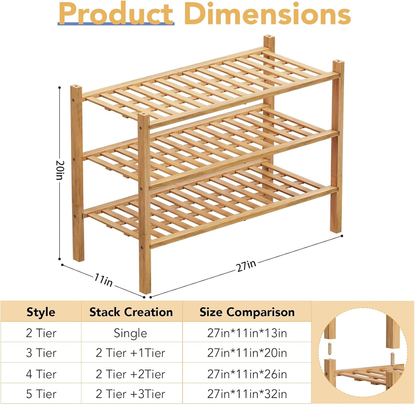 Haddockway 3 Tier Bamboo Shoe Rack Storage Organizer, Multifunctional Free Standing Stackable Shoe Shelf with Grid Panel for Closet,Hallway,Entryway,Small Space 27"x11"x20" (Natural, 3 Tier)