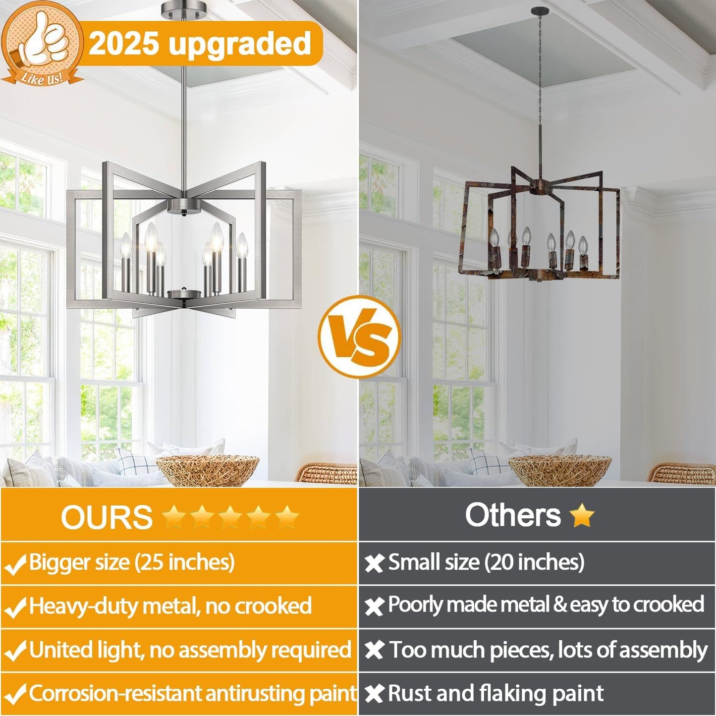 25" Modern Brushed Nickel Chandelier for Dining Room (6-Light, 25-Inch), Geometric Dining Room Light Fixture Over Table, Industrial Metal Hanging Pendant Lights for Kitchen Island, Entryway, Foyer