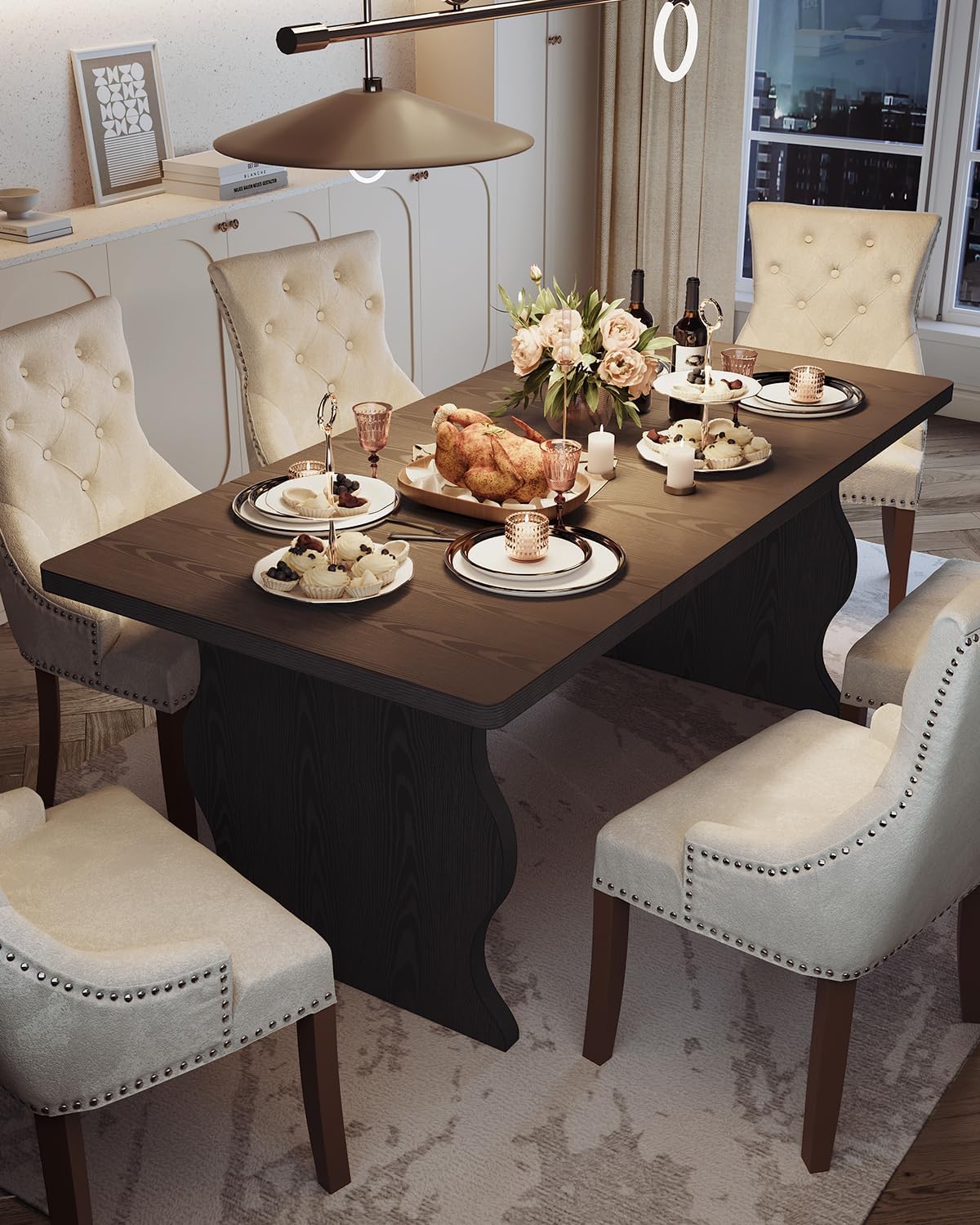 LITTLE TREE Modern Dining Table for 4-6, 63-Inch Rectangular Black Kitchen Table, Wood Kitchen & Dining Room Furniture