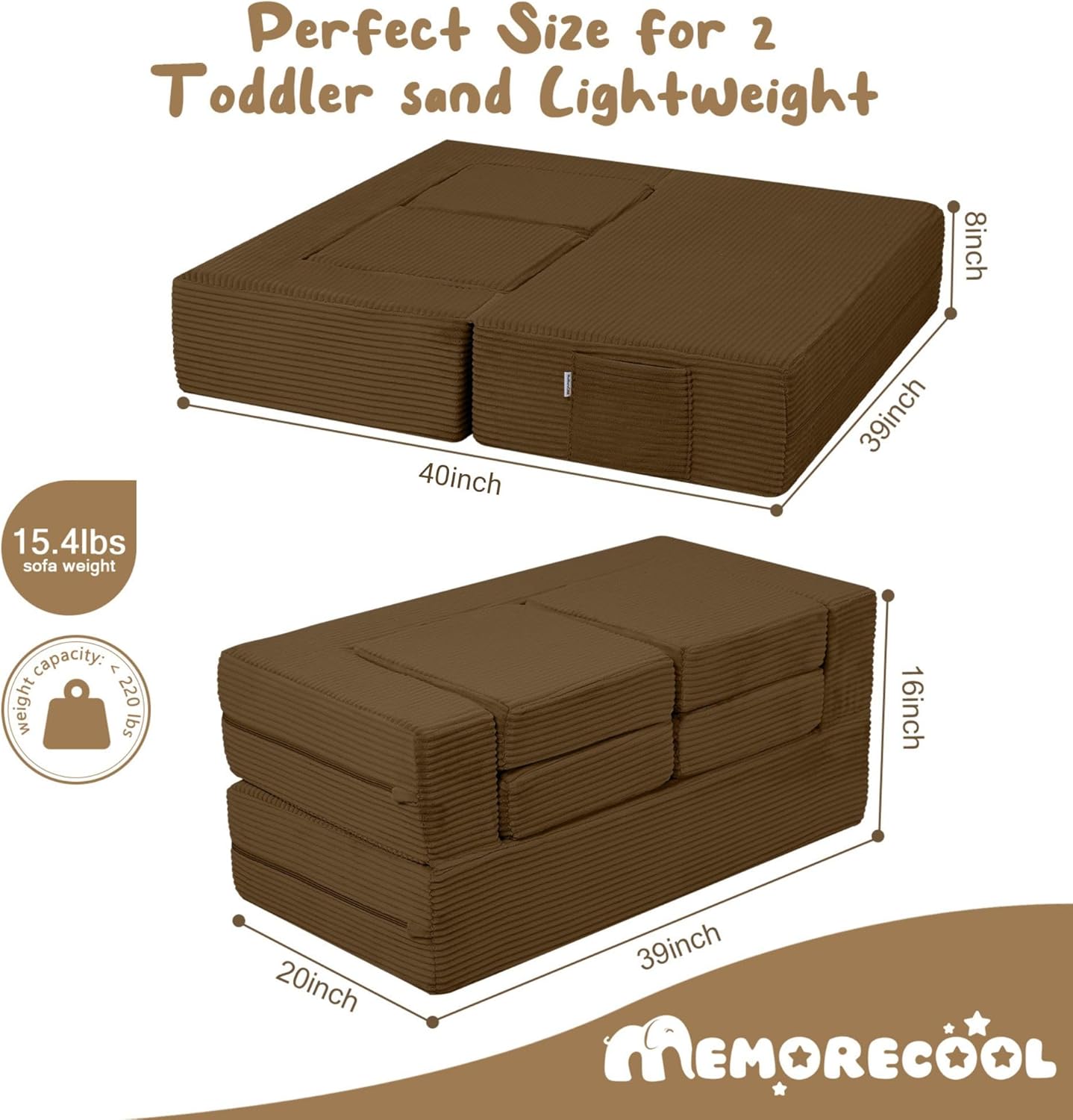 MeMoreCool Modular Kids Couch, Corduroy Play Toddler Couch for Bedroom Playroom Furniture, Convertible Foam Kids Sofa Bed, Fold Out Baby Sofa for Girl Boy, Brown