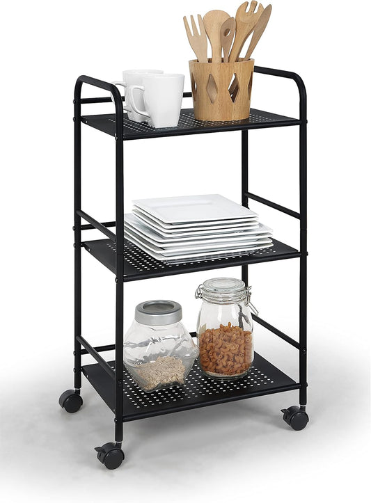 SunnyPoint 3-Tier Rolling Utility Cart – Metal Storage Organizer with Wheels, Mobile Kitchen Cart, Office & Home Organizer, Black, 12" D x 16.92" W x 31.1" H