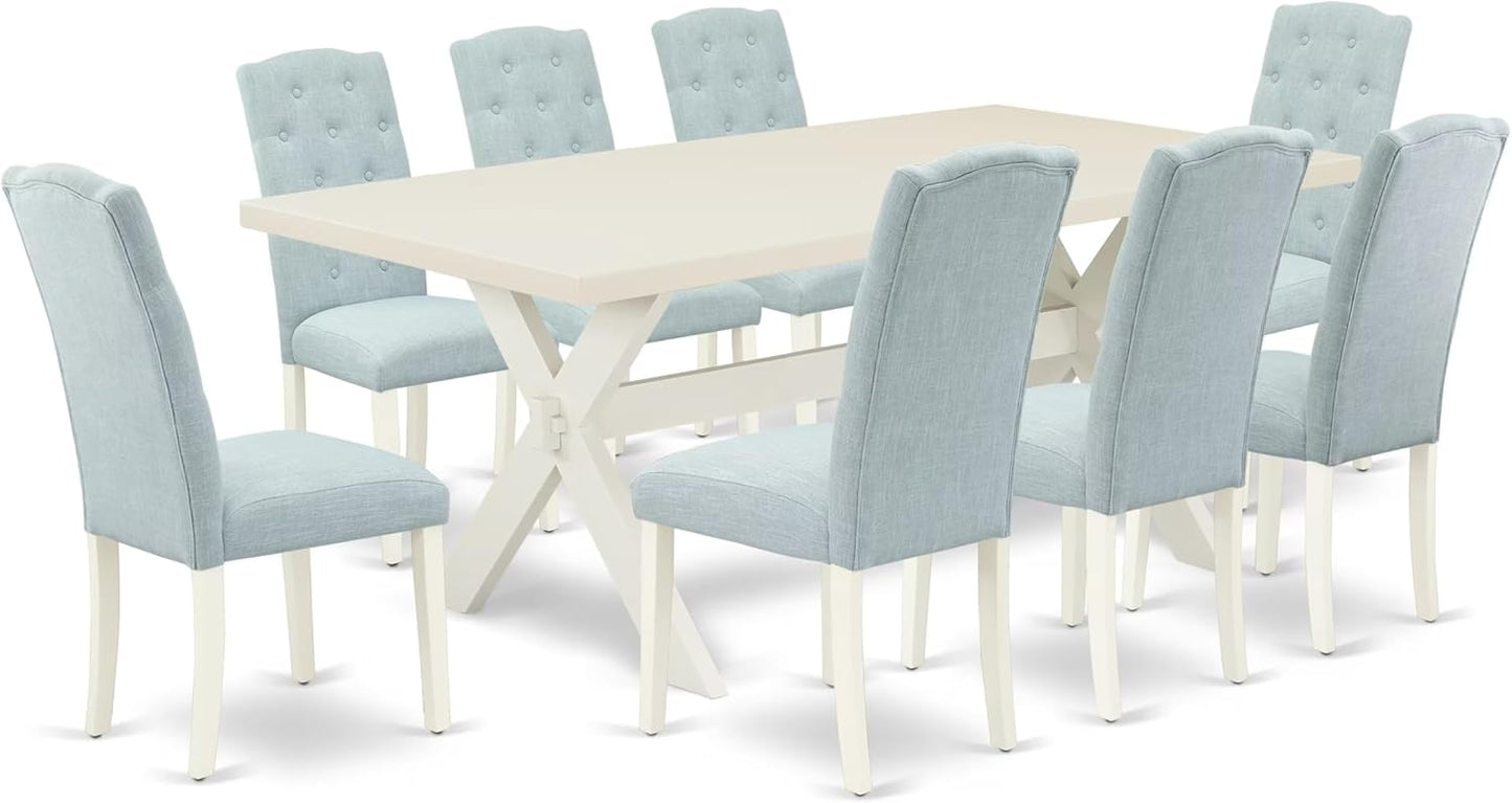 East West Furniture X027CE215-9 9 Piece Dining Table Set Includes a Rectangle Dining Room Table with X-Legs and 8 Baby Blue Linen Fabric Upholstered Parson Chairs, 40x72 Inch, Multi-Color