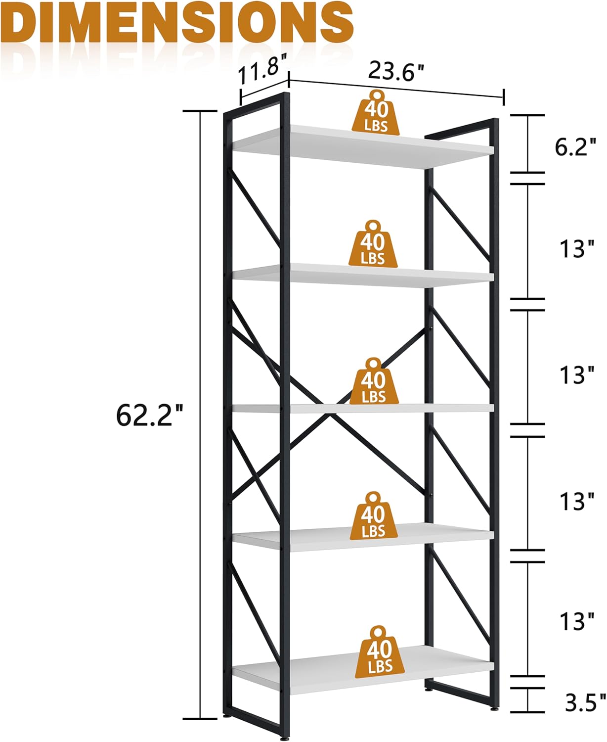 Bookshelf, 5 Tier Bookshelves, Home Office Bookcase Shelf Storage Organizer, Free Standing Storage Shelving Unit for Bedroom, Living Room and Home Office,White