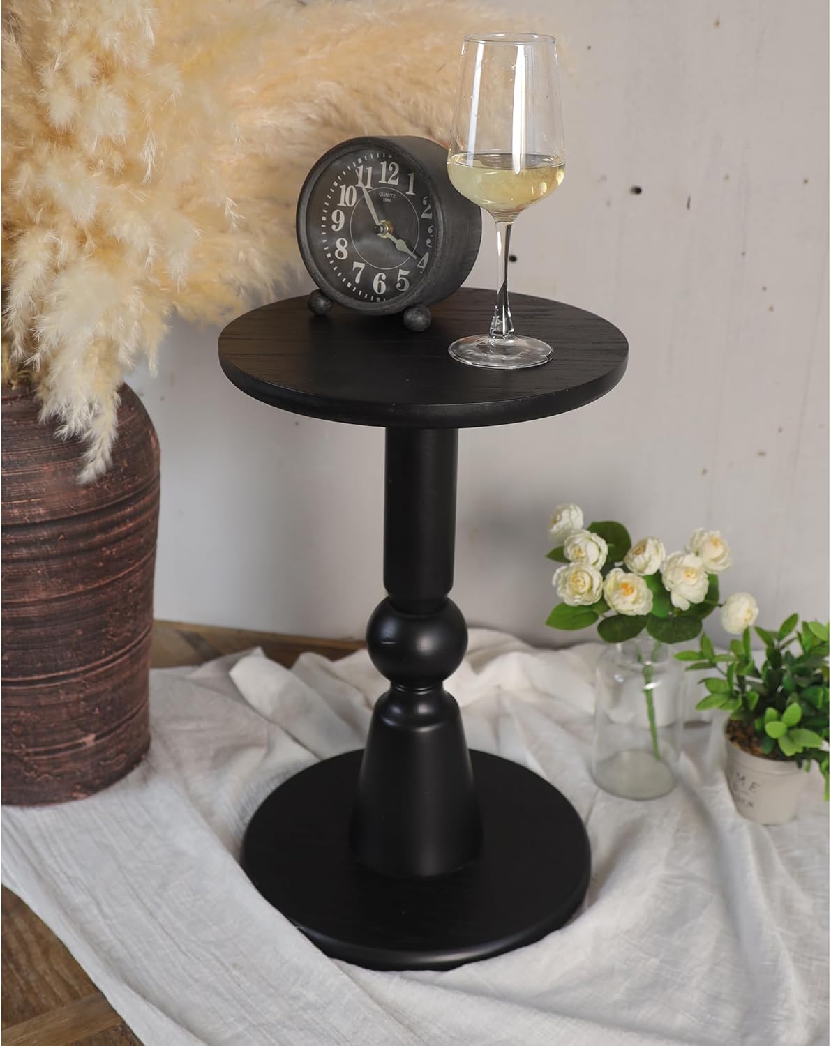 Round Side Table, 11.6 Inch Modern Accent End Table with Pedestal Base, Natural Wood (Black)