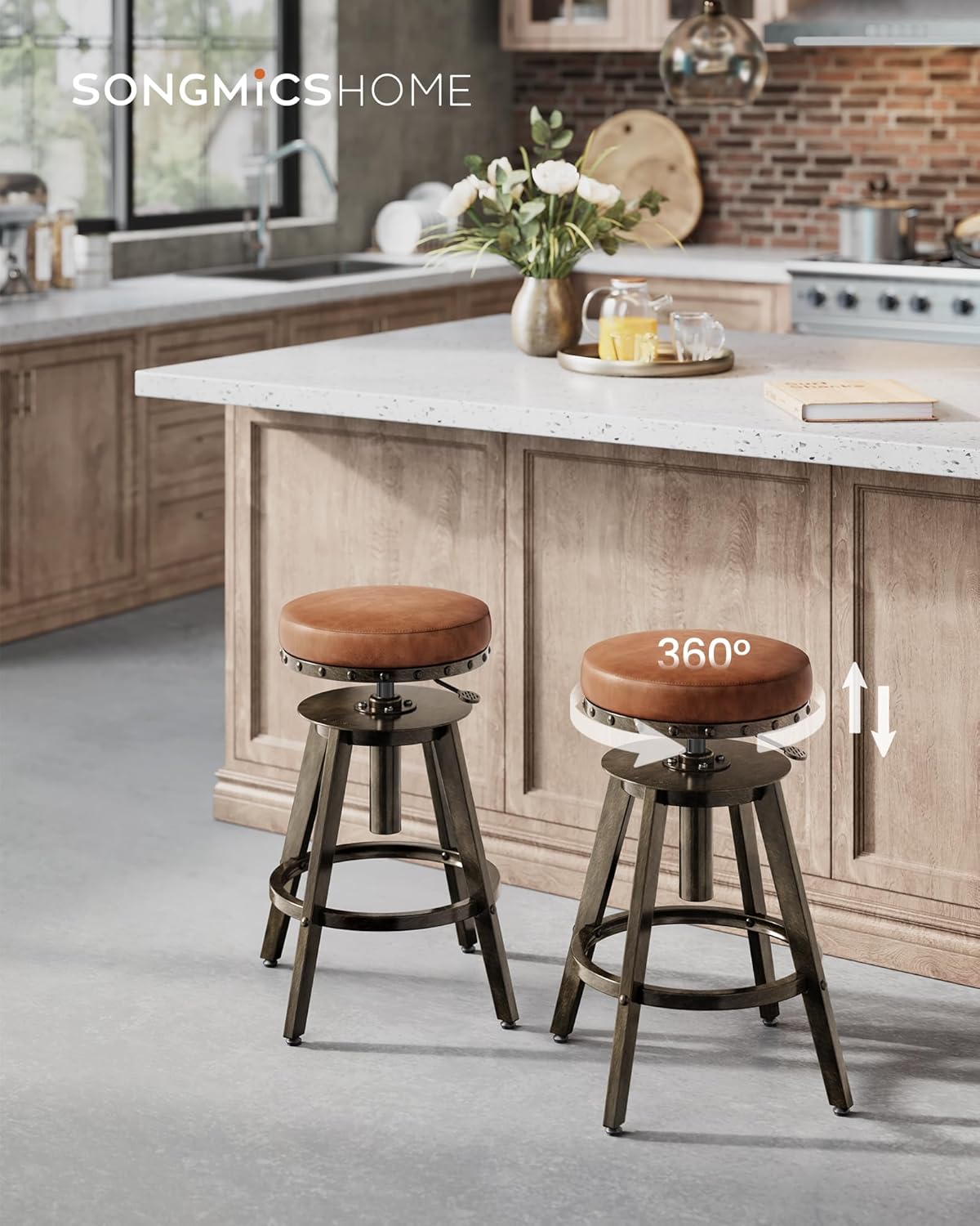 SONGMICS HOME Bar Stools, Set of 2, Steampunk Counter Stool for Kitchen, Adjustable Height and Swivel Padded Seat, Workbench Stool, 16.5 x 19.3 x 24.6-29.3 Inches, Caramel Brown ULJB096K01