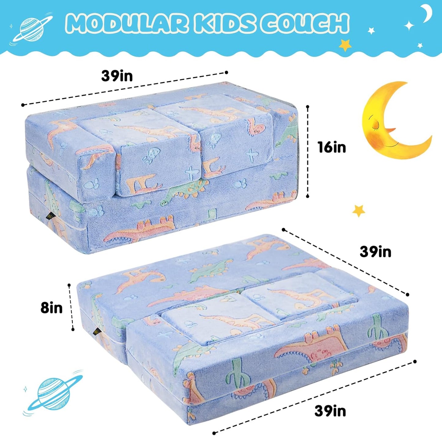 Kids Couch Sofa Modular Toddler Couch,Fold Out Kids Sofa, Blue Dinosaur