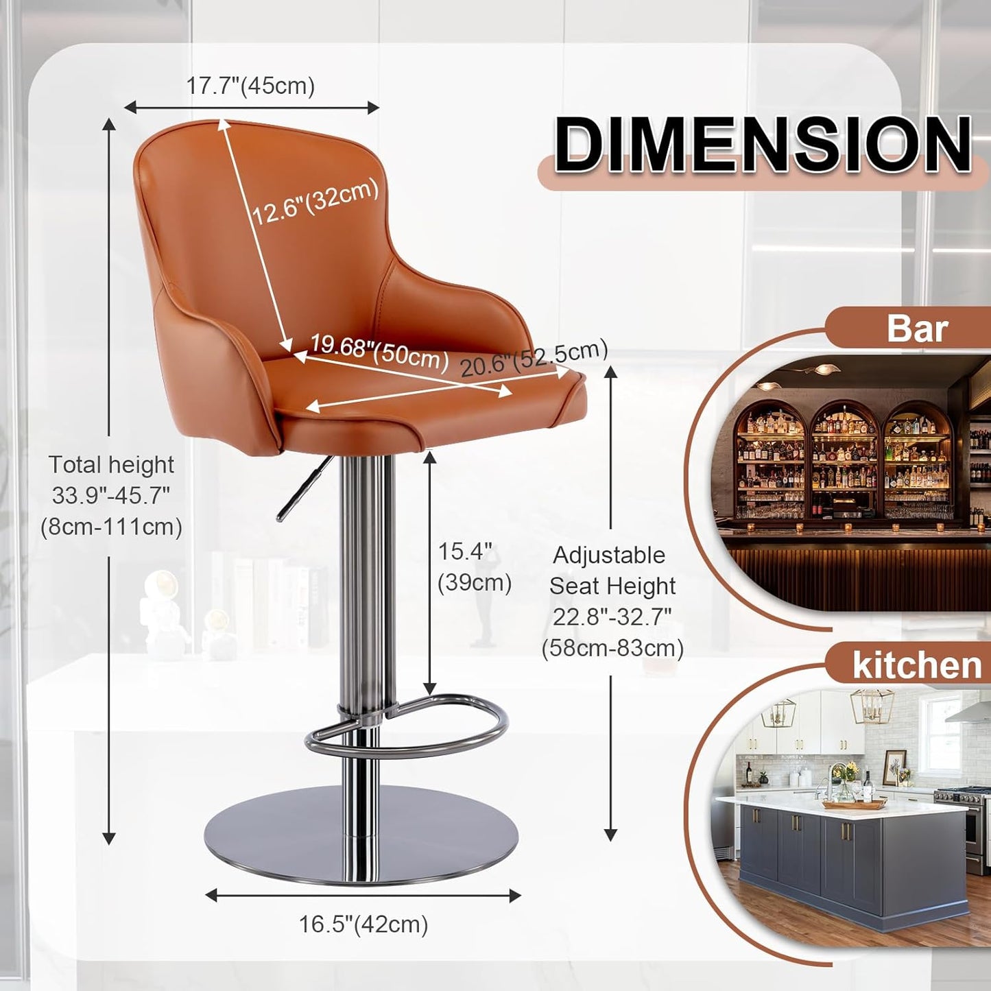 Black Titanium Stainless Steel Bar Stools,Grade Modern Leather Bar Chair with Backrest,Swivel Adjustable Height for Kitchen Counter and Dining Room (Brown Leather-1pc)