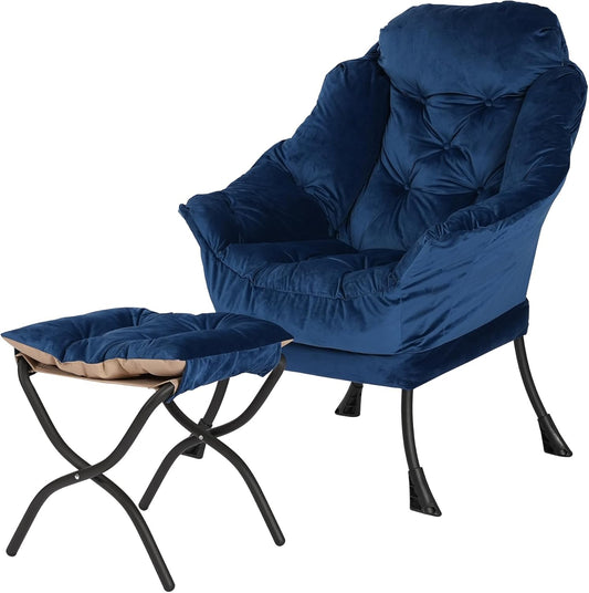 Lazy Chair with Folding Ottoman,Living Room Chairs, Accent Contemporary Lounge Chair, Single Steel Frame Leisure Sofa Chair with Armrests and A Side Pocket (Blue)