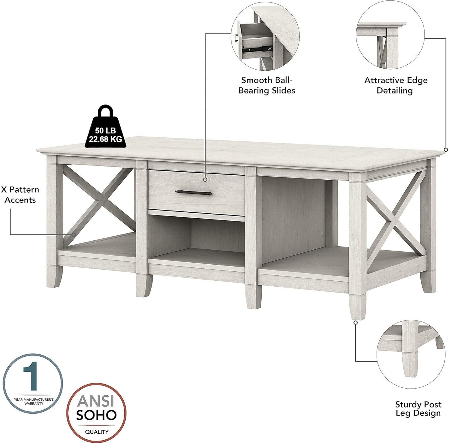 Bush Furniture Key West Coffee Table with Set of 2 End Tables in Linen White Oak