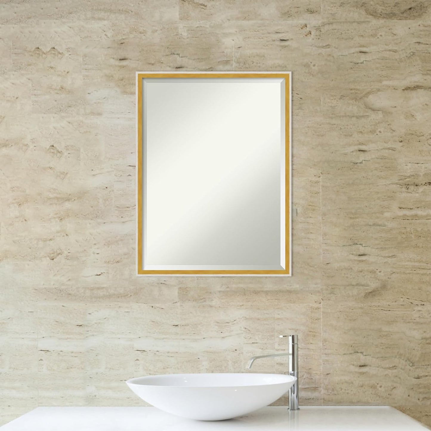 Amanti Art White Bathroom Mirror for Over Sink, 25x19 Paige White Gold Rectangle Vanity Mirror, Medium Modern Contemporary Wood Frame, Hangs Horizonally and Vertically, Bathroom Wall Decor, Beveled