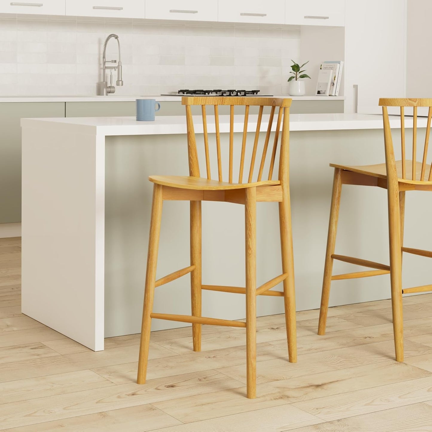 POLY & BARK Ligna Counter Stool Oak– Mid-Century Inspired Stool with Sculpted Spindle Back – Solid American Oak Frame and Engineered Wood Veneered Seat – Fully Assembled and Ready to Use