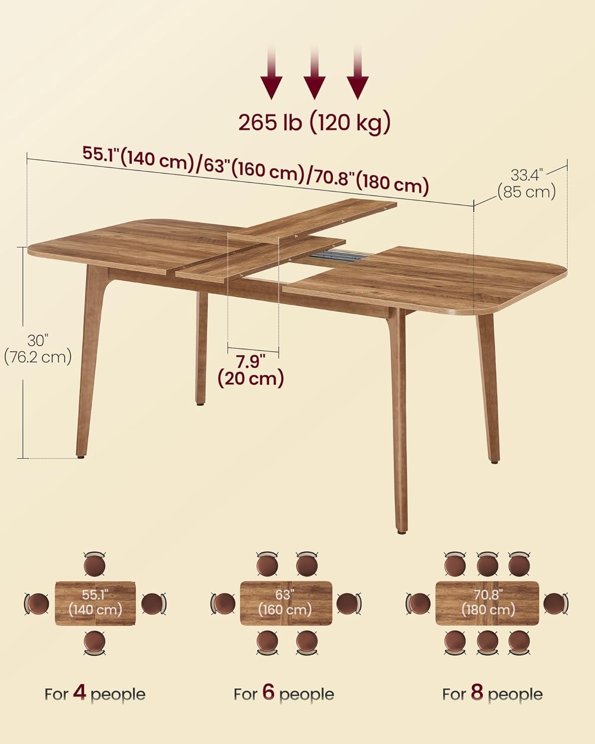 VASAGLE Dining Table for 4/6/8, Extendable Kitchen Table with Tapered Legs, Curved Transitions, for Dining Room, Kitchen, Home Office, Honey Brown UKDT090K01V1
