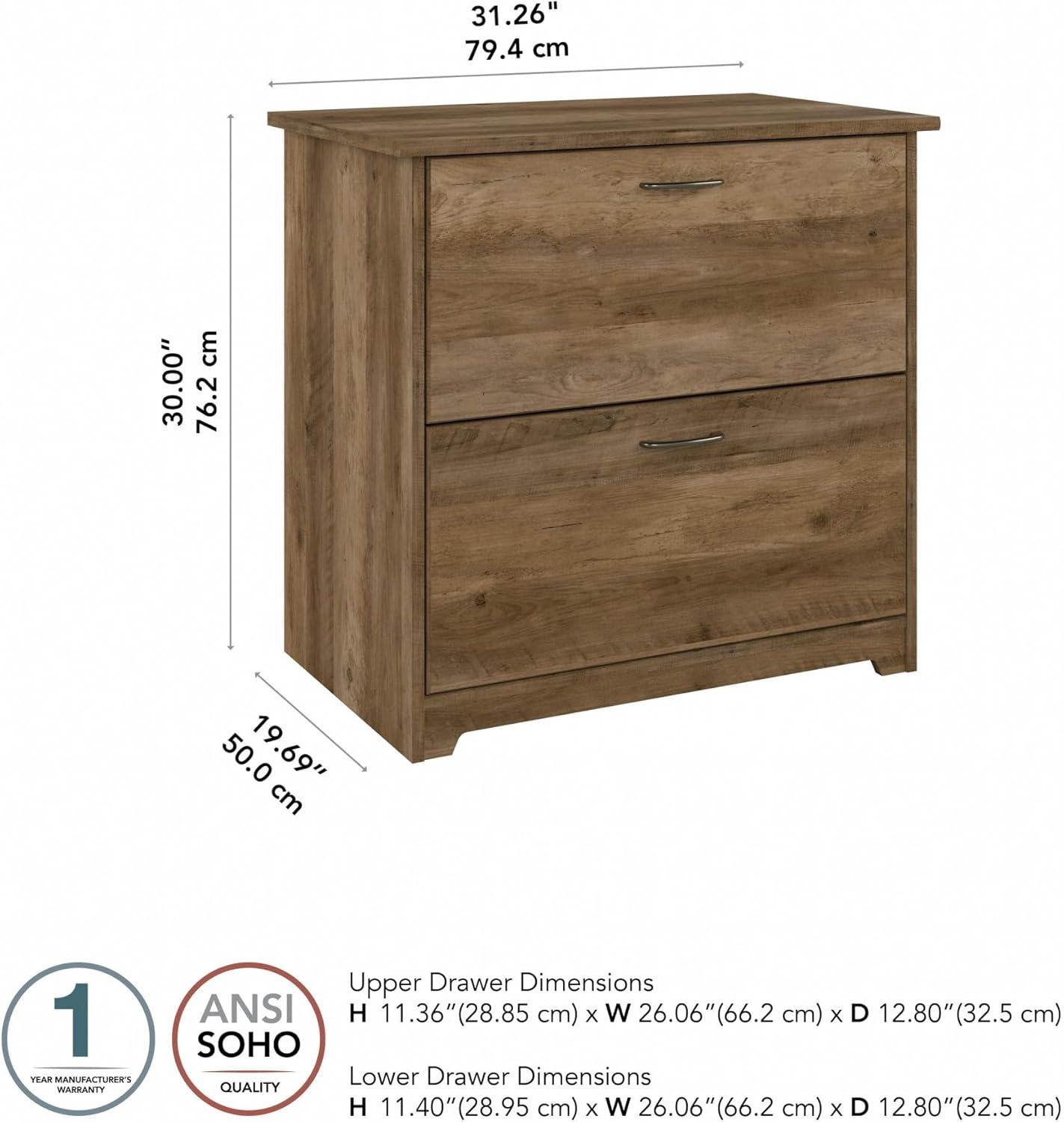 Bush Furniture Cabot 2 Drawer Lateral File Cabinet in Reclaimed Pine, Home Office Chest for Letter, Legal, and A4-size Document Storage