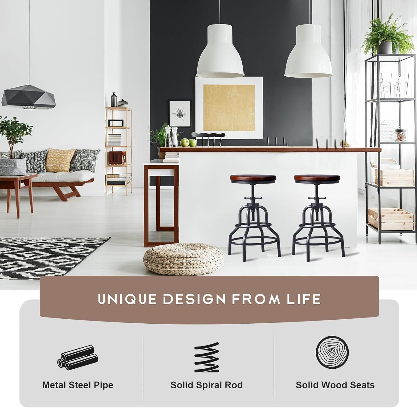 LOKKHAN Vintage Industrial Bar Stool - Rustic Swivel - Round Wood Metal - Kitchen Counter Height Adjustable - Pipe Stool - Cast Steel - 20-27 Inch (Set of 2)