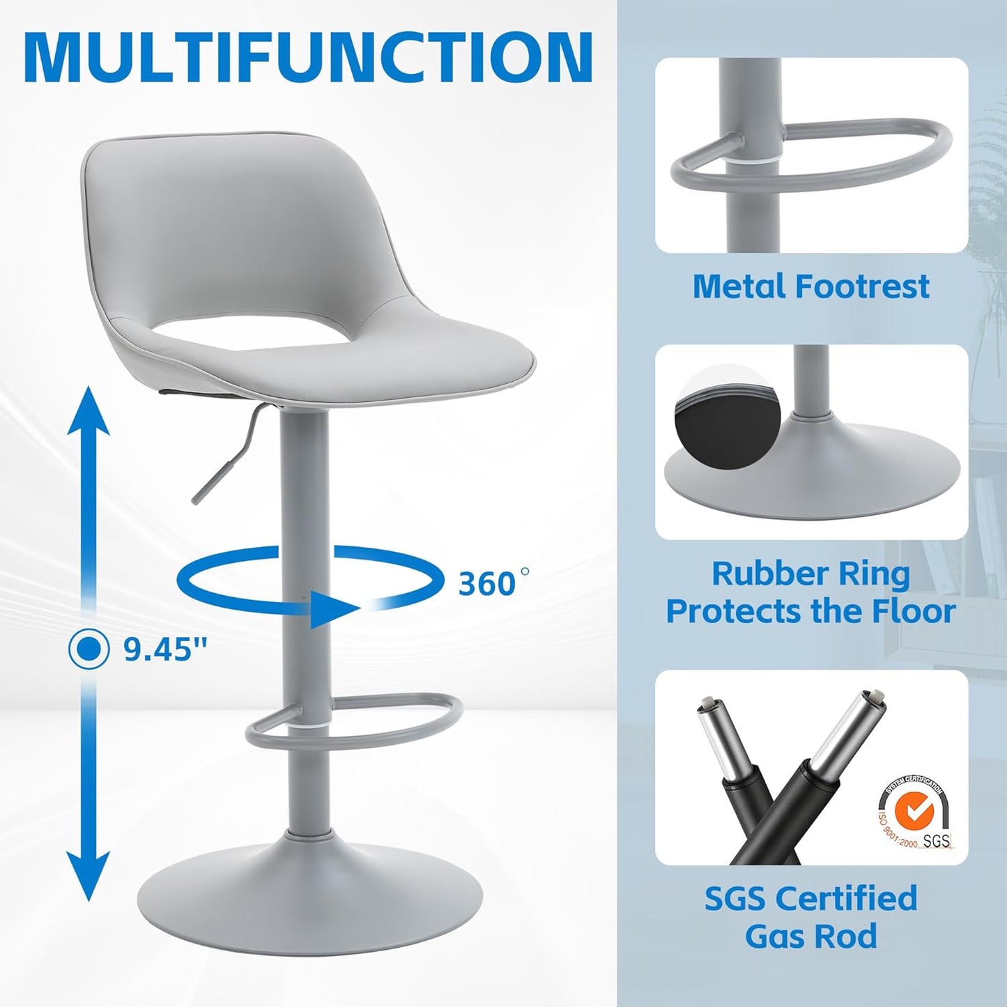 YOUNIKE Bar Stools Set of 2 All Grey Swivel Barstools, Adjustable Counter Height Bar Stools Faux Leather Upholstered Counter Stools with Hollow Back for Kitchen Island