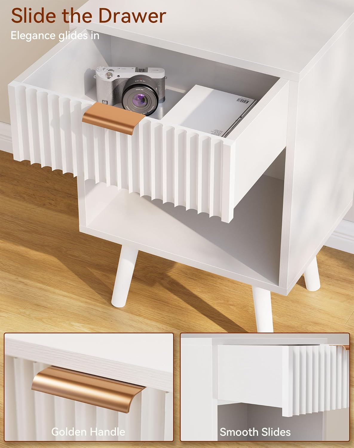 YMYNY Mid Century Modern Nightstand, Side Table, Fluted Night Stand with Drawer, Open Shelf Unit, Golden Handle, Solid Wood Legs, Bedside Table, for Bedroom, White UHST013W