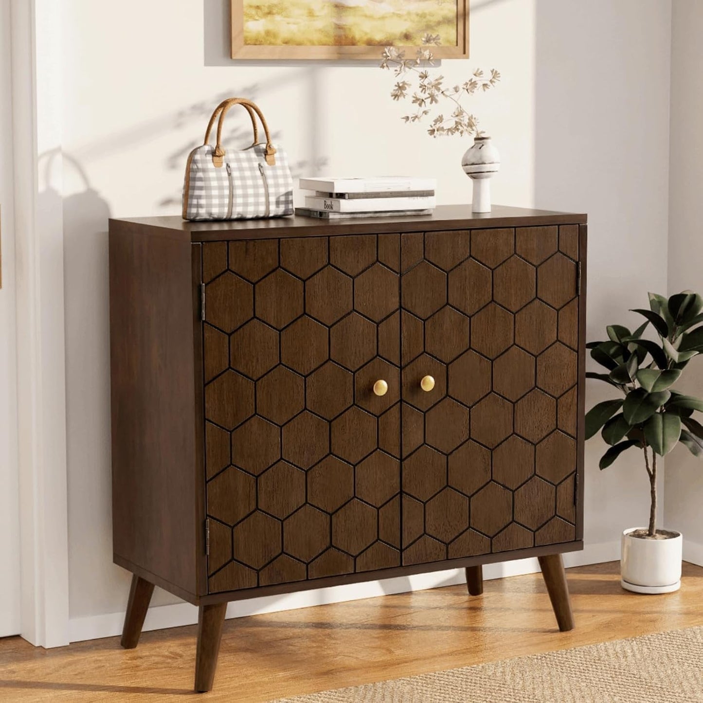 COSIEST 32" Storage Sideboard with Doors, Adjustable Shelf, Decorative Modern Accent Furniture for Living Room, Entryway, Kitchen (Brown, Honeycomb Pattern)