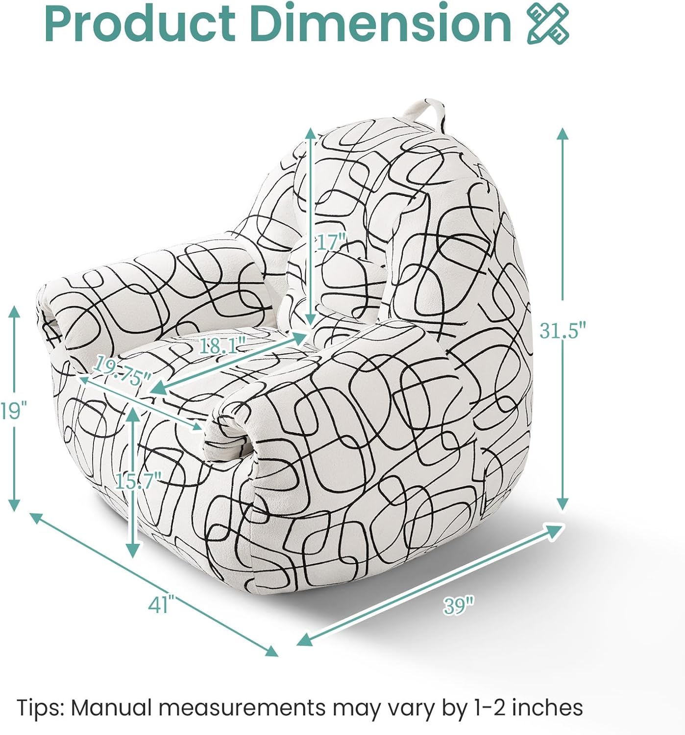 DAICO Bean Bag Chairs for Adults Bean Bag Sofa with Armrests Comfy Accent Chair White Single Lazy Floor Sofas with Foam for Living Room Reading Bedroom Gaming Office (Stripe Pattern)