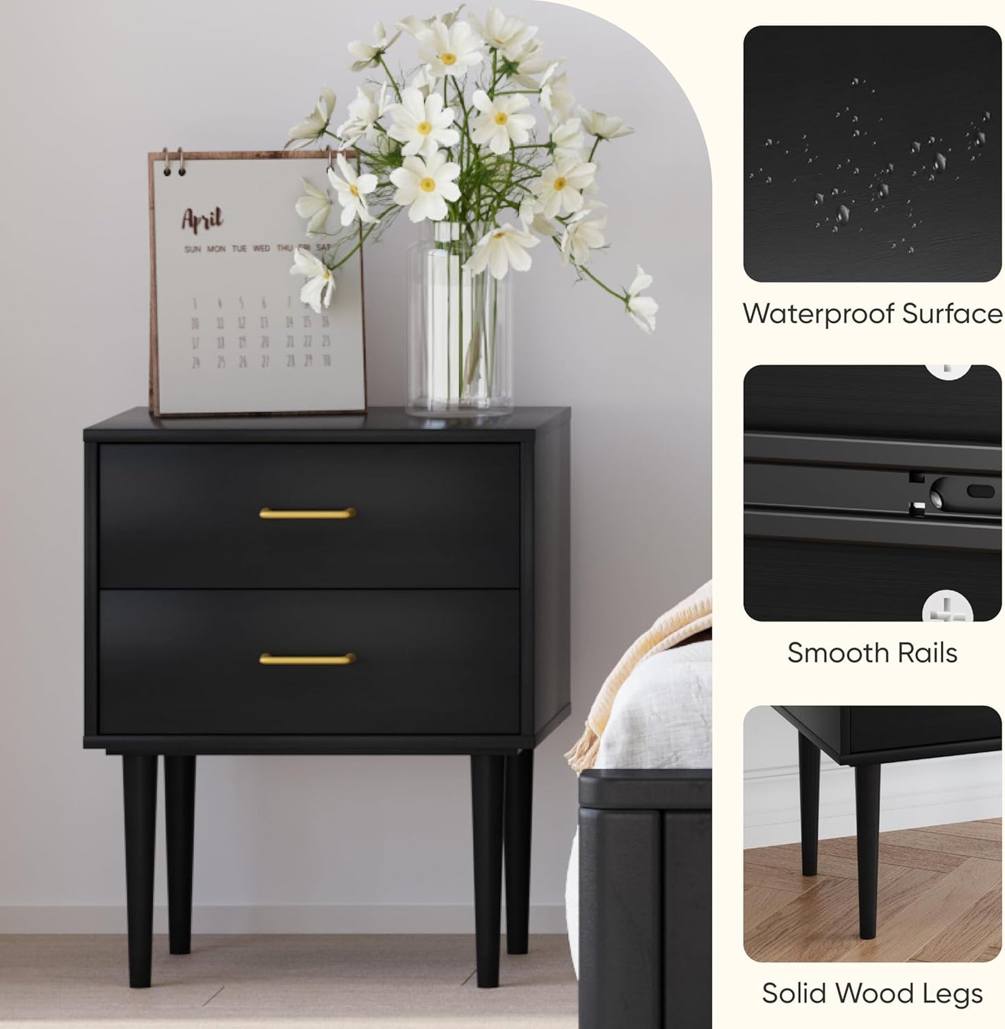 Black Nightstand with 2 Drawers, Modern Night Stand Black, Wooden Night Stands for Bedroom, Bed Side Table, End Table, Gold Handle 26 Inch Tall, Large Size