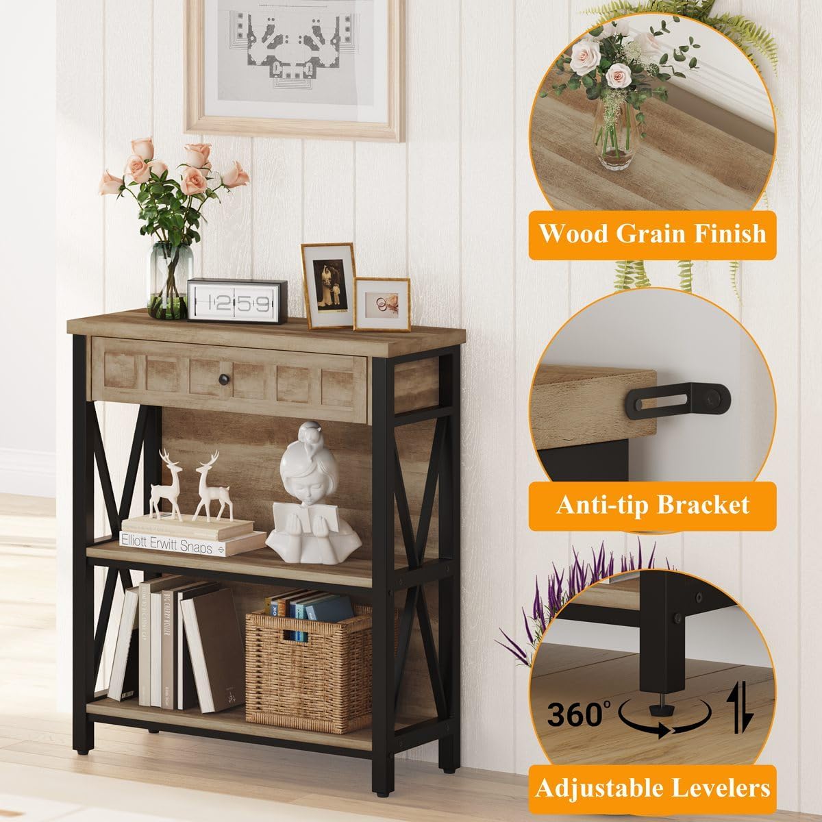 FATORRI Rustic Bookshelf with Drawer, Industrial Wood and Metal Bookcase, Small Short Book Shelf and Low Book case for Small Space (Rustic Oak)