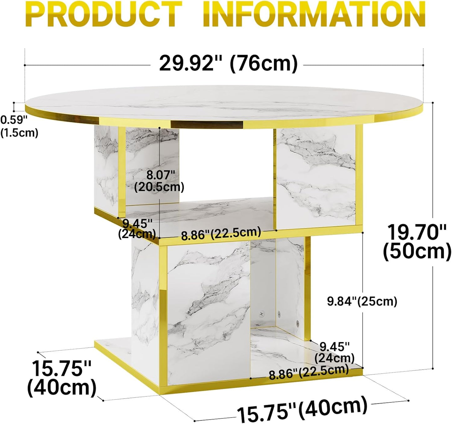 Elephance Round Coffee Table with Storage,3-Tier Coffee Table for Living Room,Wooden Tabletop-Marble White with Gold Frame