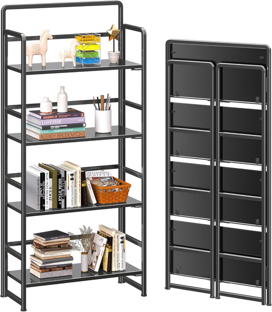 4NM No Assembly Folding Bookshelf, 4-Shelf 54" H Collapsible Foldable Bookcase Storage for Small Spaces, All Black