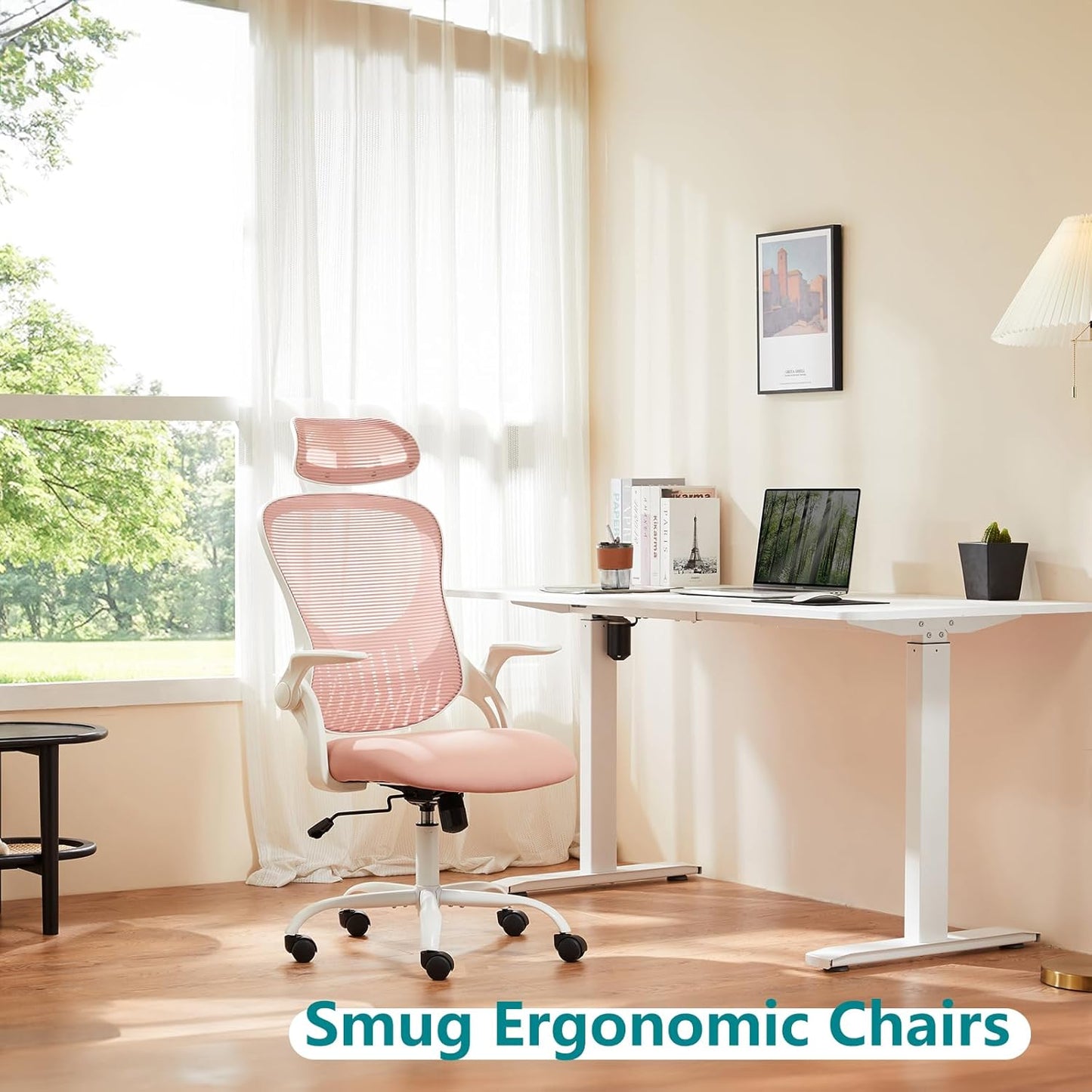 SMUG Office Desk Chair - Ergonomic High Back Computer Task Chair with Comfy Lumbar Support and Adjustable Headest, 360° Swivel, Flip-up Armrest for Home, Bedroom, Gaming, Study, Student, Pink