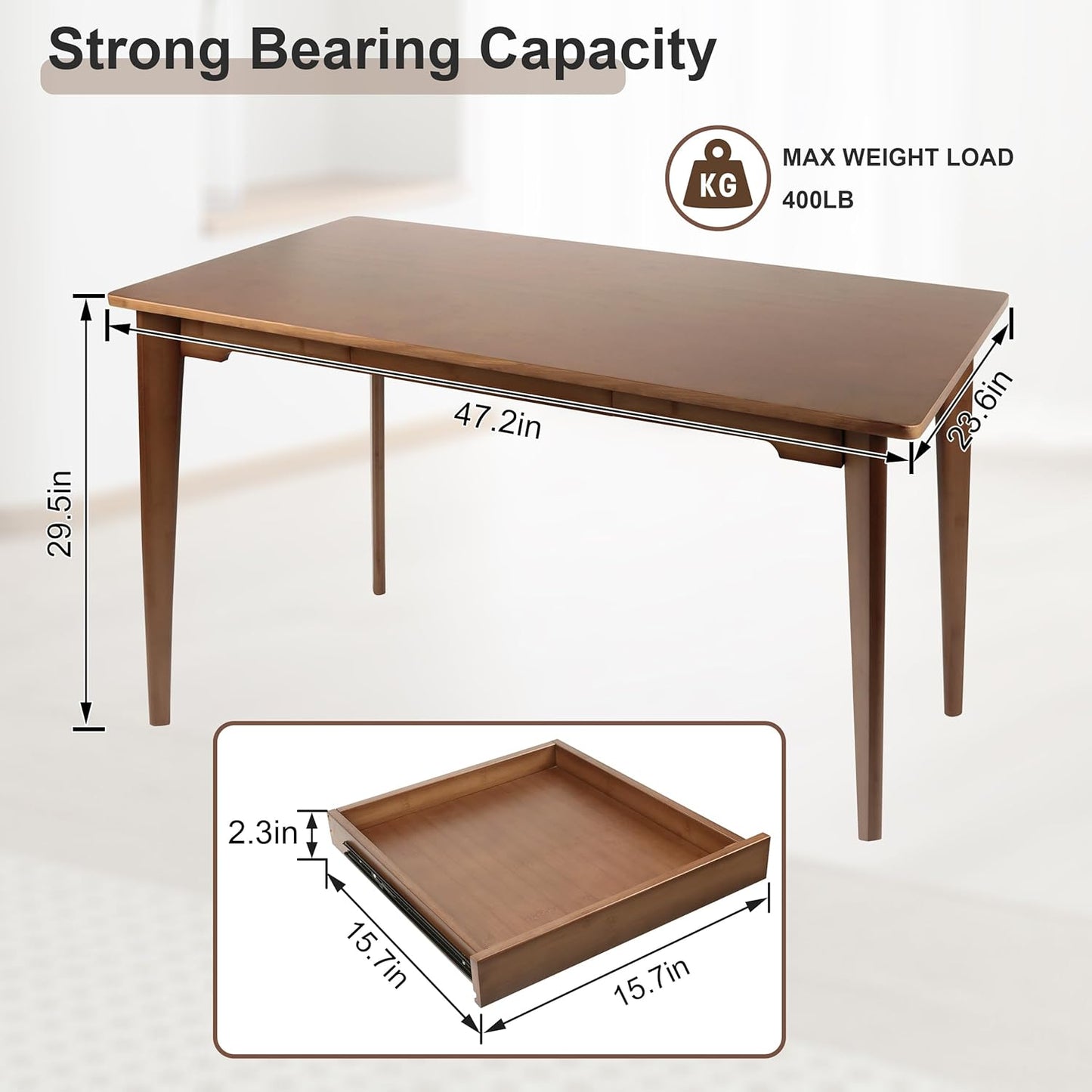 47" Bamboo Computer Desk Study Desk Home Office Desk Writing Table with Drawer, Modern Study Solid Bamboo Multipurpose Table, for Living Room, Bedroom, Walnut Color