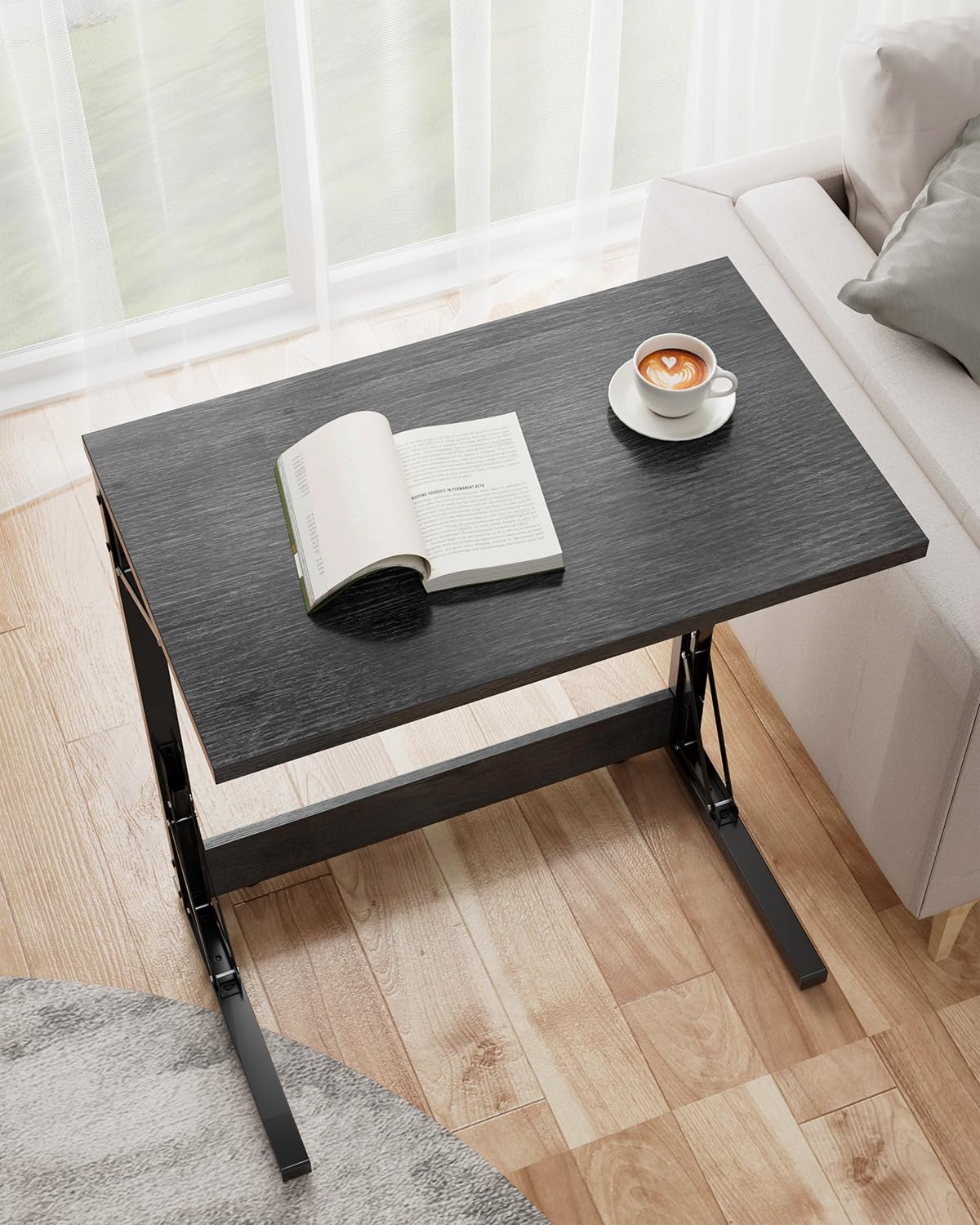 Tatub 24" Wide Folding C-Shaped End Table, Small Side Desk for Couch, Sofa TV Tray Table with Metal Frame for Living Room, Bedroom, Light Gray