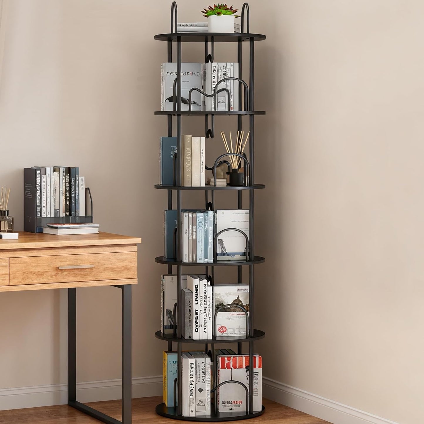 5 Tier Rotating Bookshelf, 360° Spinning Bookshelf Tower, Round Narrow Space Saving for Books and Display, Revolving Bookcase Corner Tall Book Shelf for Small Spaces, Bedroom, Living Room, Black