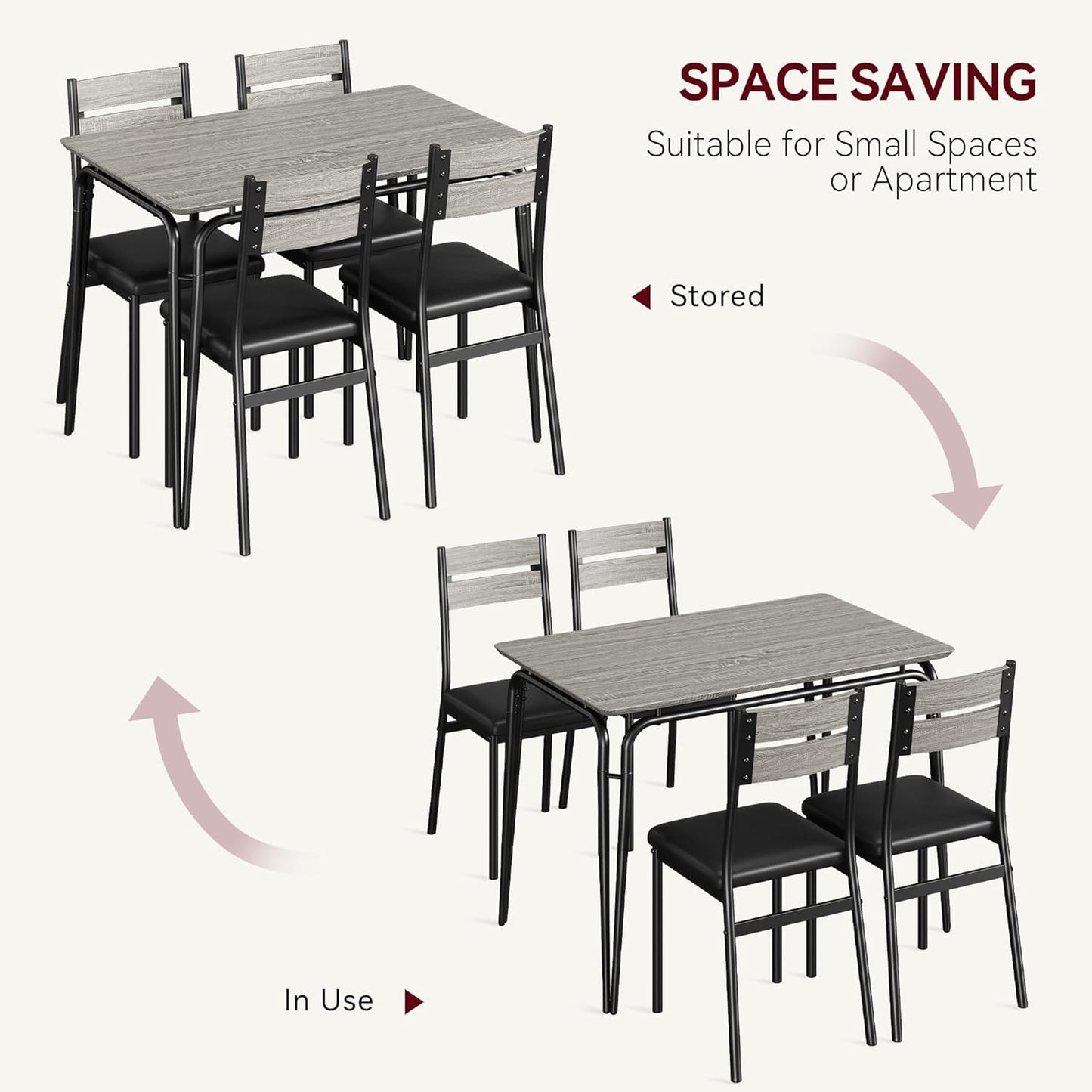 5 Piece Dining Table Set for 4, Compact Square Table Chairs, Sturdy MDF Top, Metal Frame, Space-Saving Breakfast Set for Kitchen, Apartment, Office, Easy Assembly Wipe-Clean