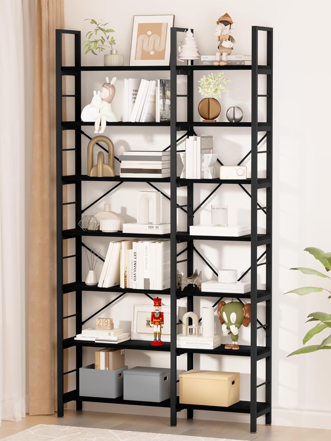 7-Tier Corner Bookshelf, Reversible Wooden Shelves, Industrial Bookcase with Open Shelves and Sturdy Metal Frame, Display Shelf Storage Rack for Living Room, Bedroom, Home Office (Black)