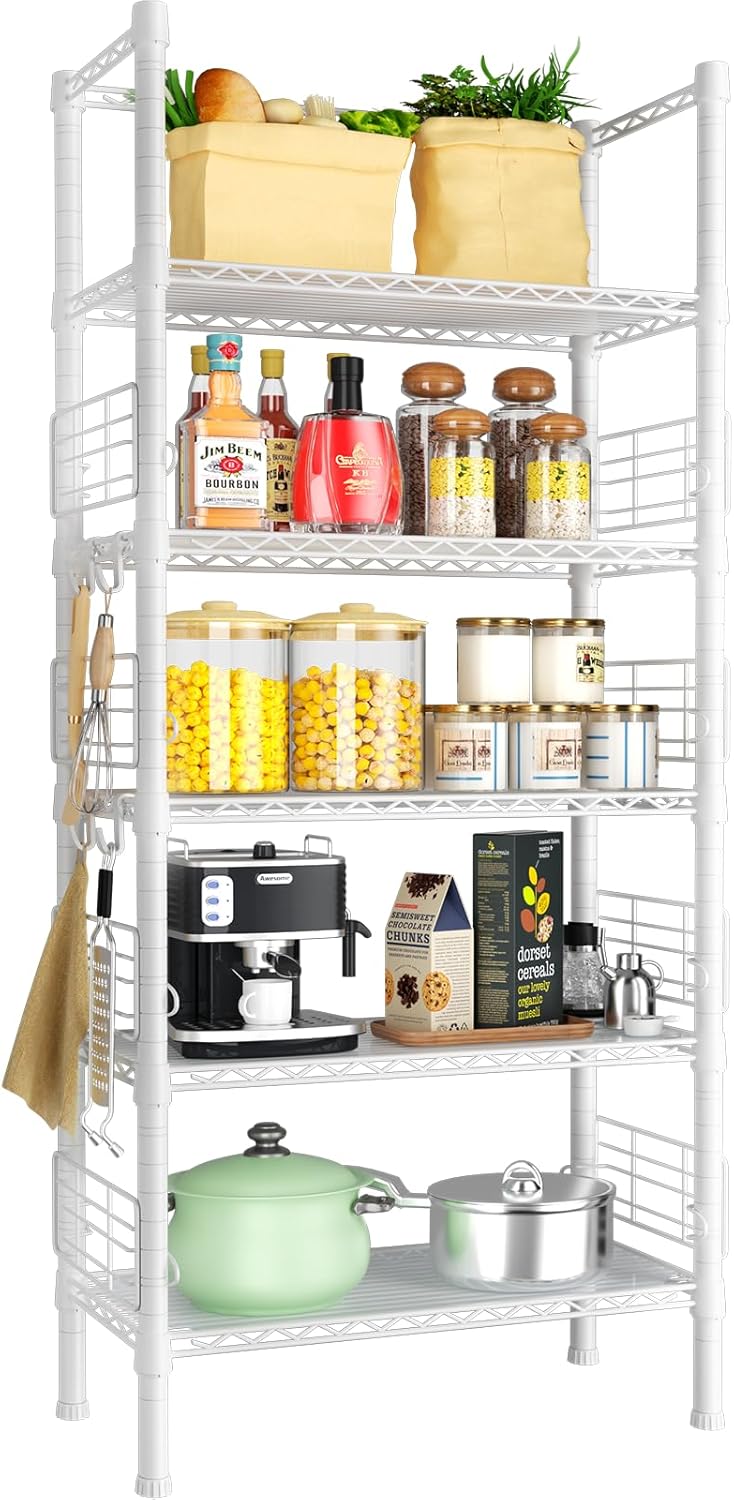 Metal Storage Rack, Storage Organizer Shelves for Kitchen, Bathroom, Living Room, Balcony and Garage, 5 Tiers Narrow Bookshelf, 21.2" W x 9.4" D x 59.2" H, Load 400lbs, White