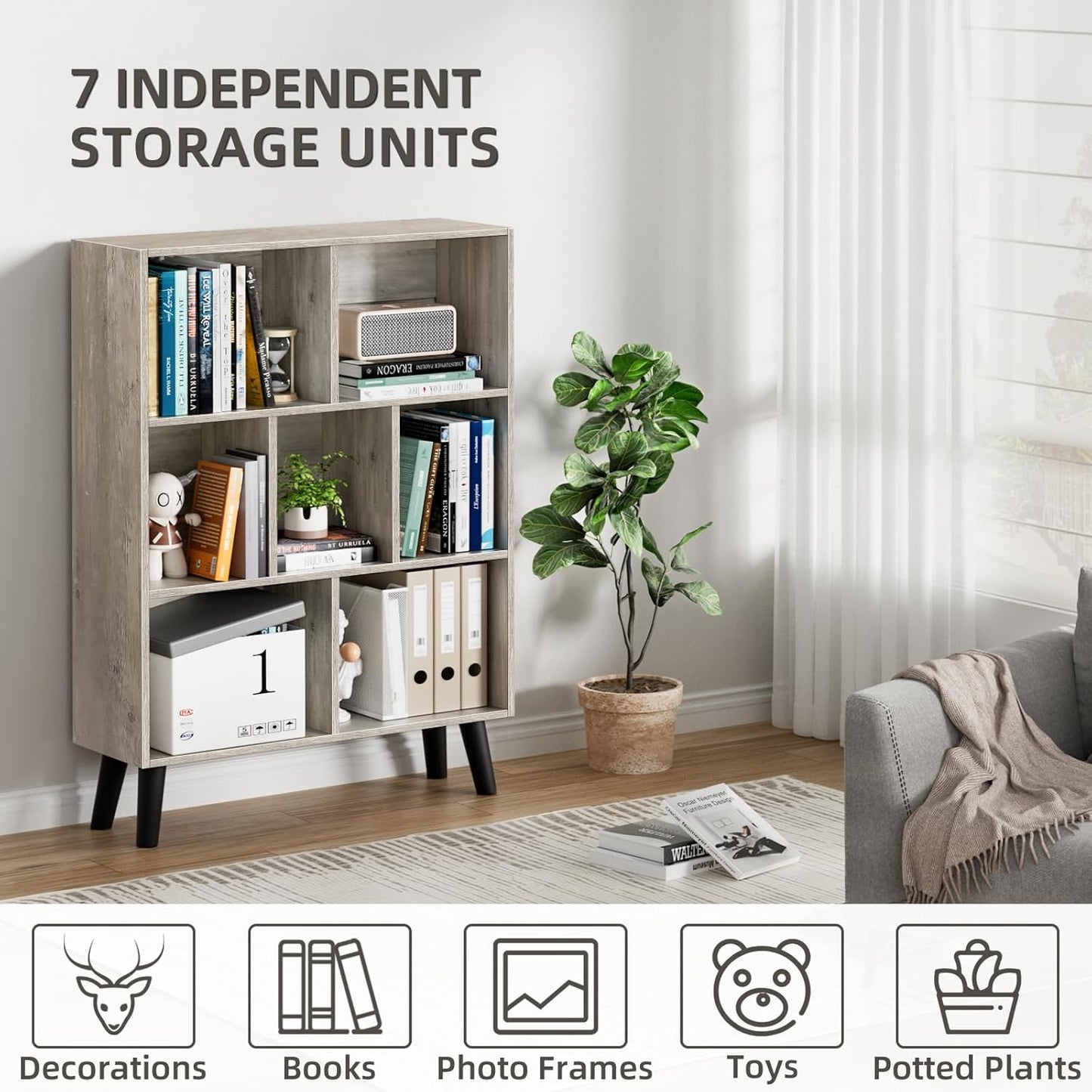LEYAOYAO 7 Cube Bookshelf, 3 Tier Modern Bookcase with Legs, Mid-Century Modern Wood Book Shelves Storage, Retro Grey Book Case, Freestanding Organizer Display Shelf for Bedroom,Living Room,Office