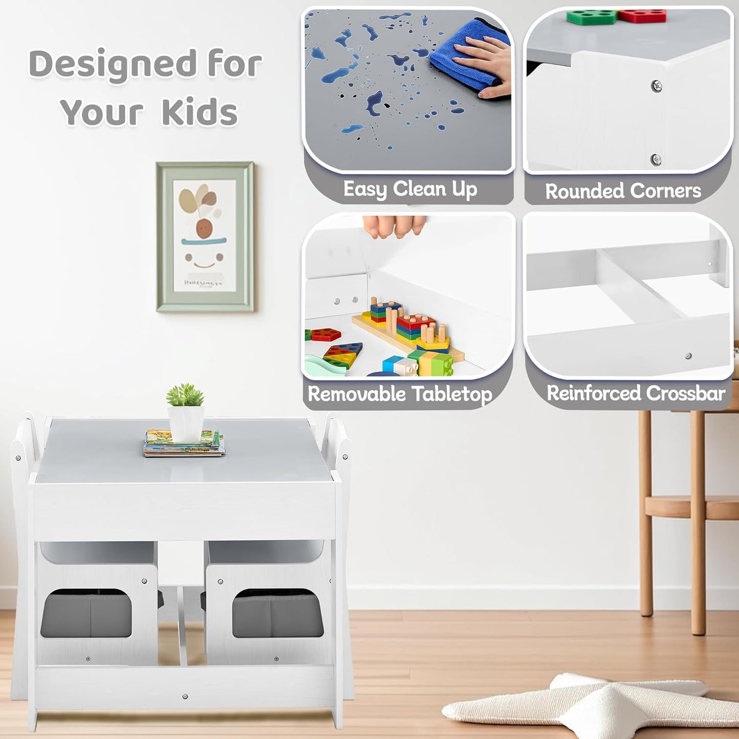 Kids Table and Chairs Set, 4 in 1 Wooden Kids Table with Reversible Tabletop, Children Activity Table with Removable Tabletop Storage, Toddler Table and Chair Set for Home, Nursery, Playroom