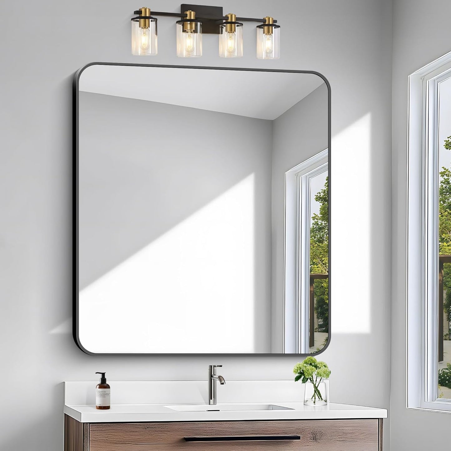 BONEWEI 36x40 inch Bathroom Mirror,Black Rectangle Mirror,Wall Mounted Bathroom Frame Vanity Mirror with Round Corner for Bedroom Living Room,Entryway Hangs Horizontal or Vertical